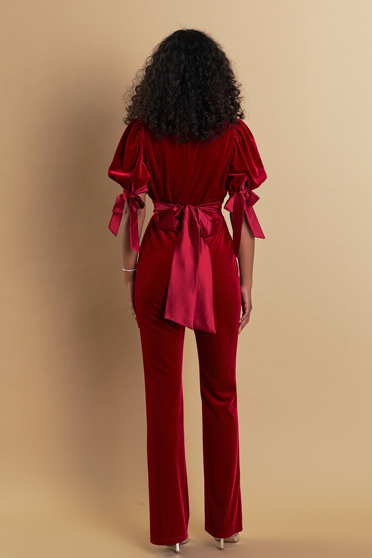 ENDLESS ROSE - Bow Tie Sleeve Velvet Jumpsuit - JUMPSUITS available at Objectrare
