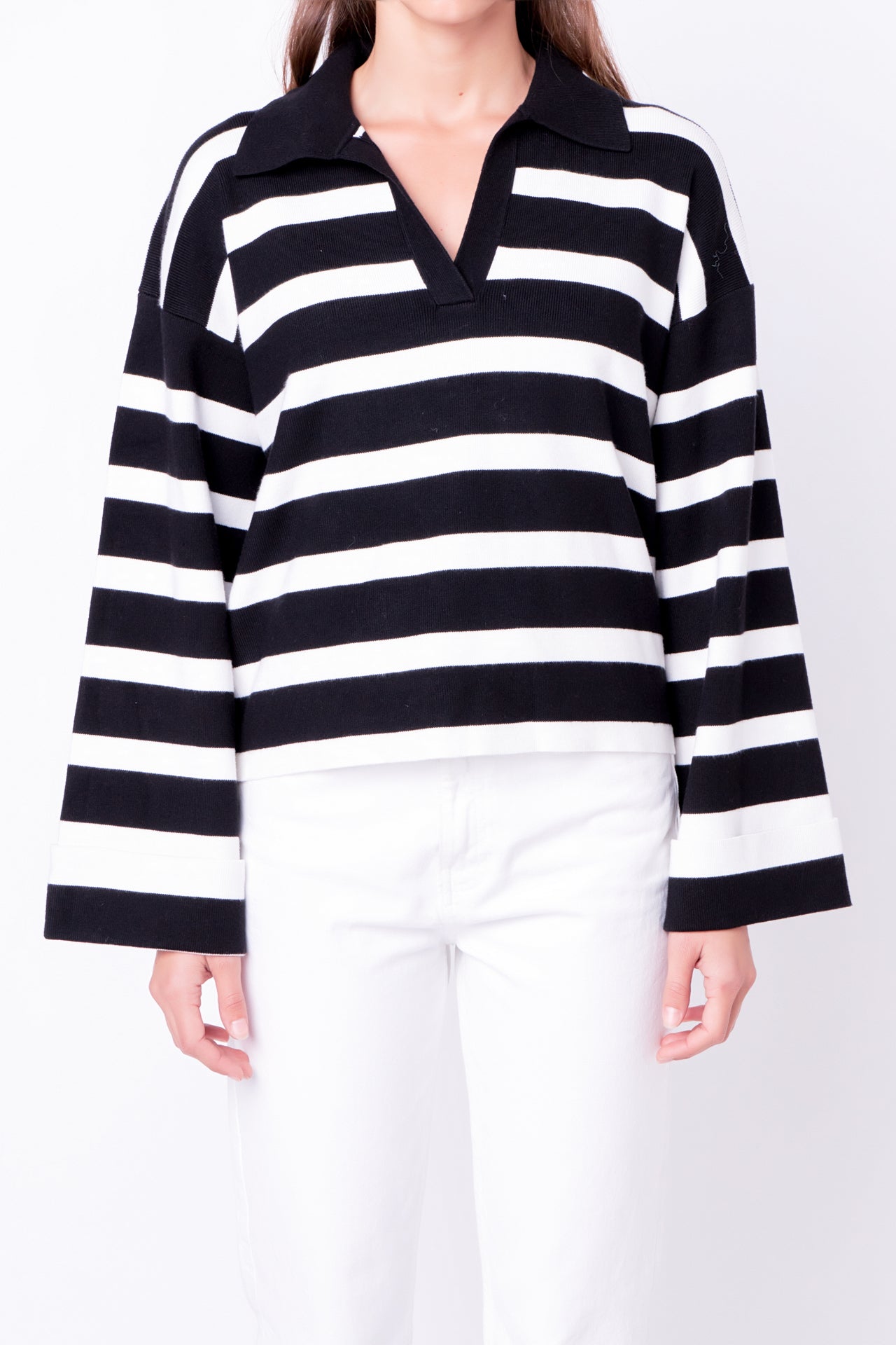 ENGLISH FACTORY - Striped Collared Cropped Sweater - SWEATERS & KNITS available at Objectrare