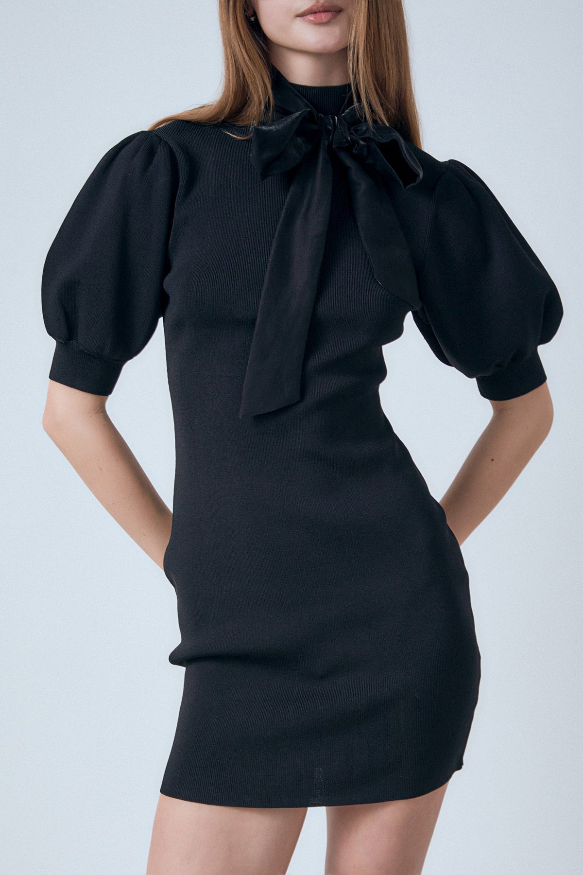 Sheen Bow Tie Knit Mini Dress
