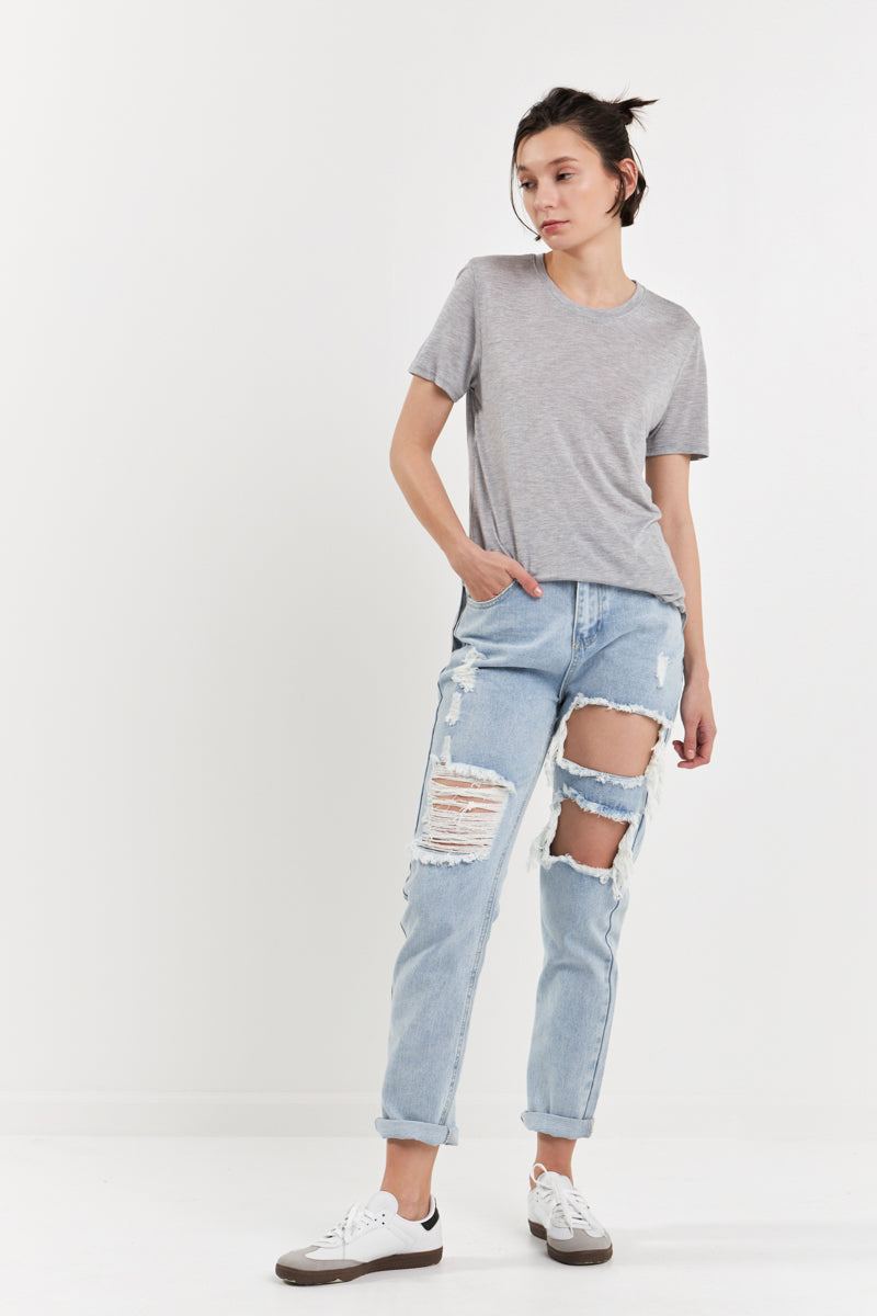 GREY LAB - High-Waisted Ripped Straight Leg Jeans - JEANS available at Objectrare