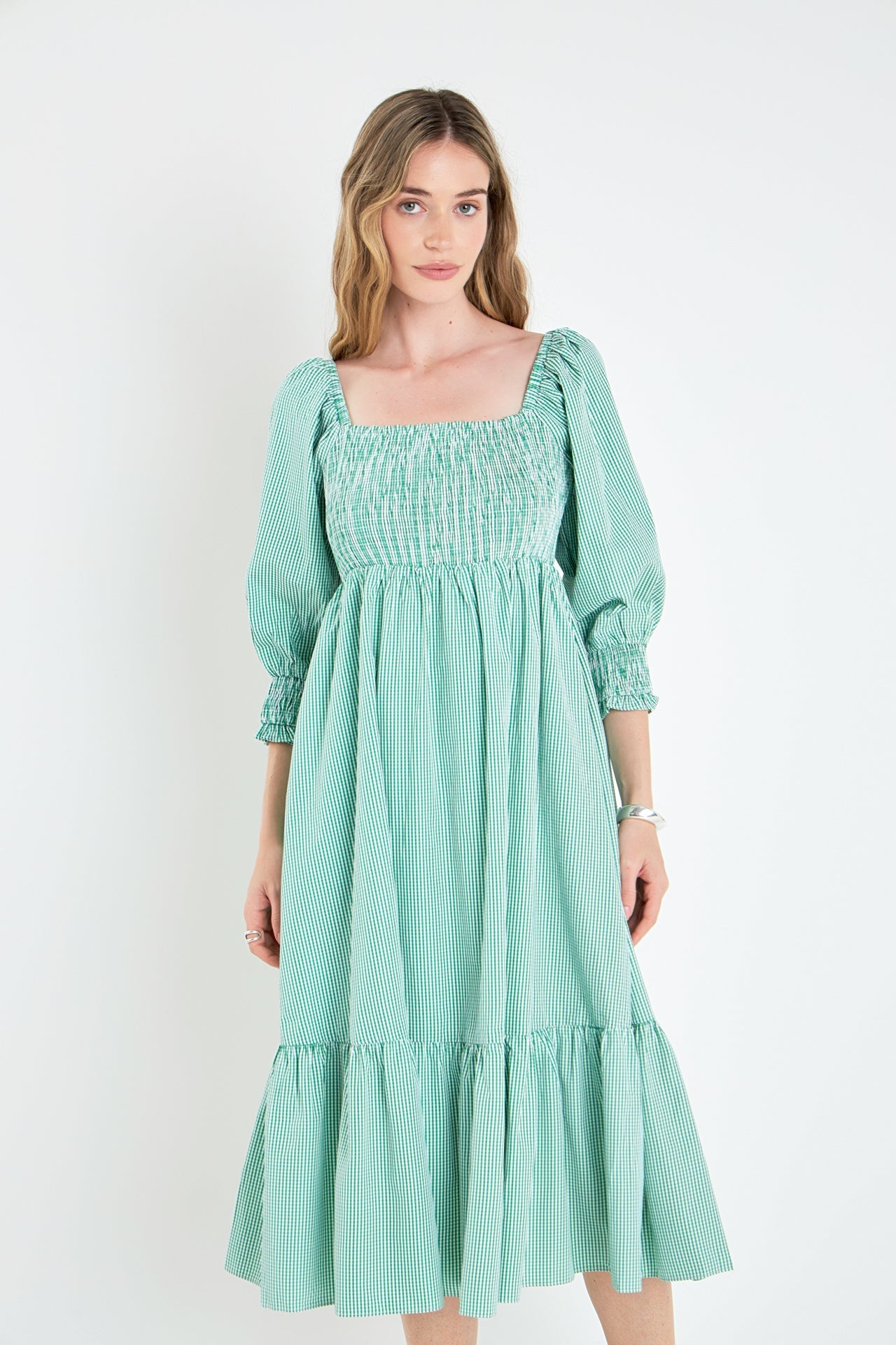 ENGLISH FACTORY - Gingham Smocked Midi Dress - DRESSES available at Objectrare
