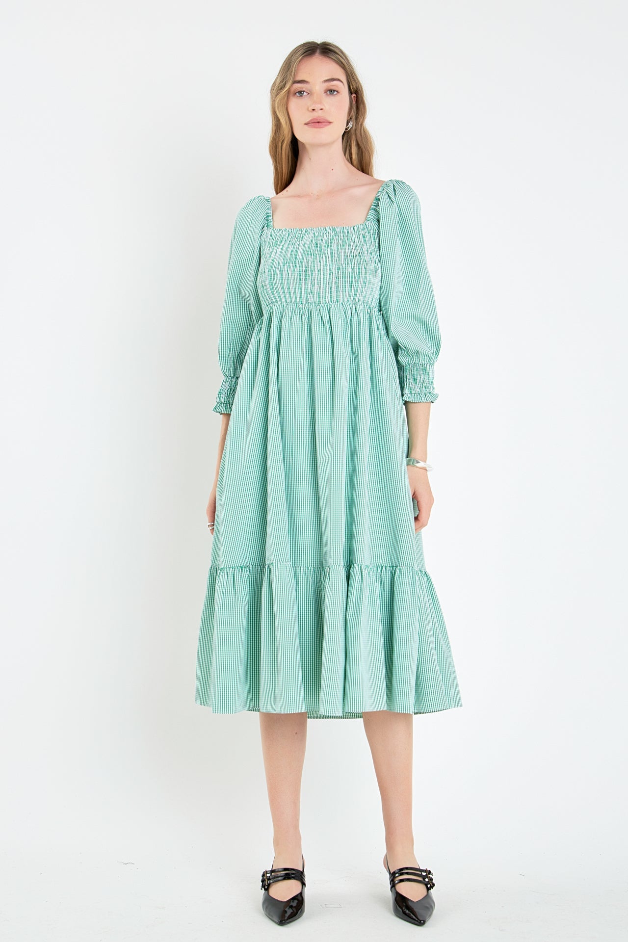 ENGLISH FACTORY - Gingham Smocked Midi Dress - DRESSES available at Objectrare