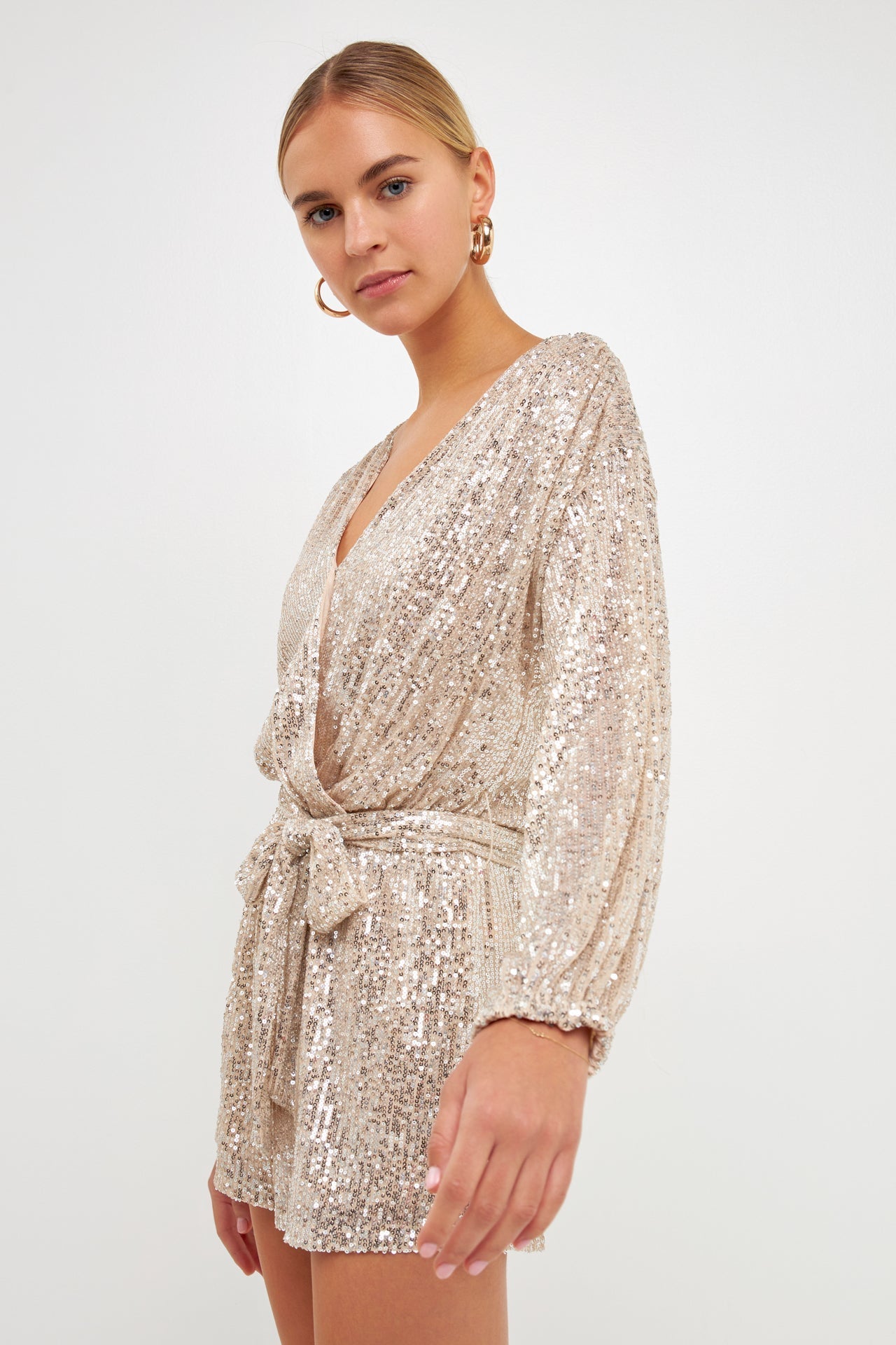 ENDLESS ROSE - Wrap Belted Sequins Romper - ROMPERS available at Objectrare
