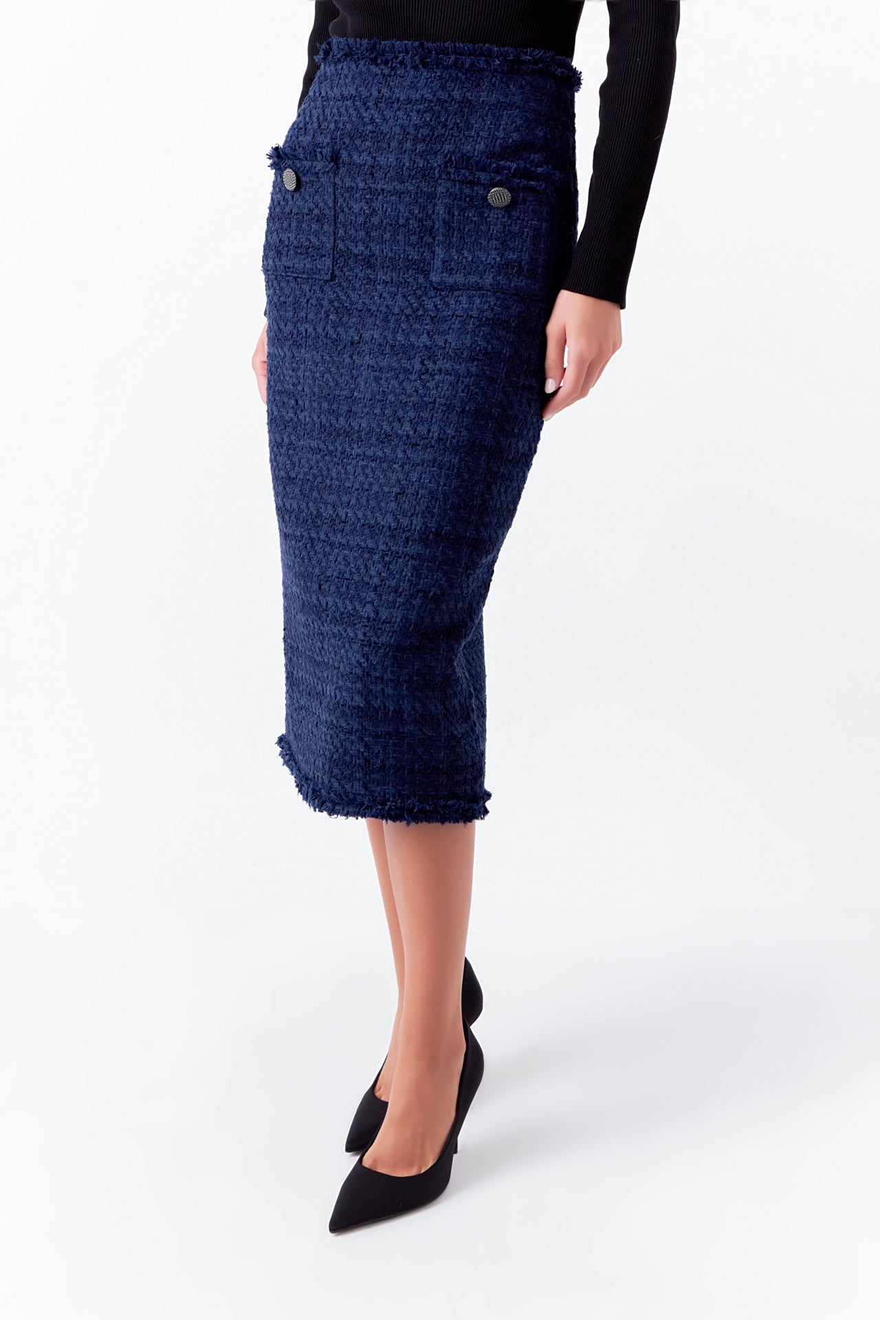 Boucle Tweed Trimmed Midi Skirt