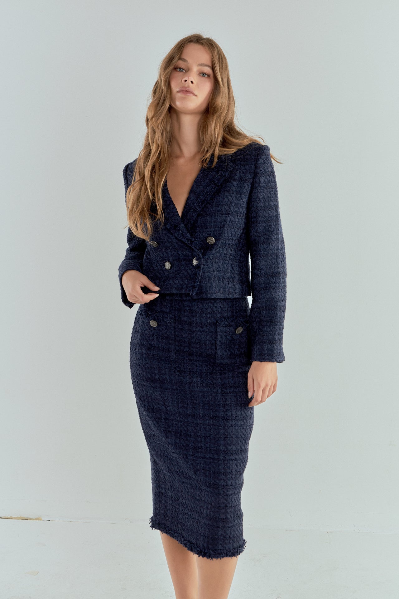 ENDLESS ROSE - Boucle Tweed Trimmed Midi Skirt - SKIRTS available at Objectrare