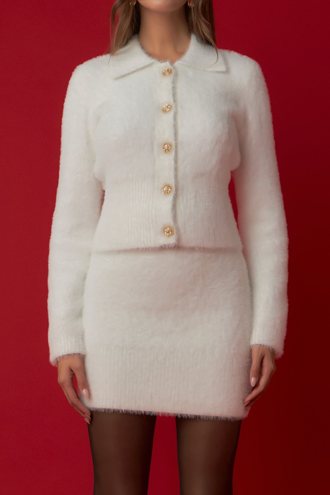 ENDLESS ROSE - Fuzzy Jewel Collared Cardigan - SWEATERS & KNITS available at Objectrare