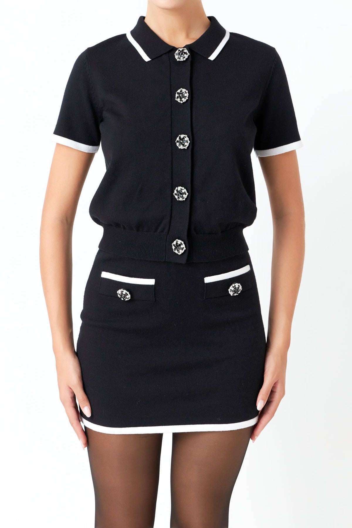 ENDLESS ROSE - Jewel Button Knit Collared Top - TOPS available at Objectrare