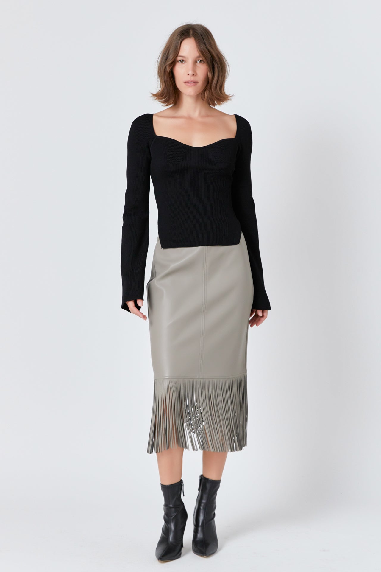 ENDLESS ROSE - PU Fringe Pencil Midi Skirt - SKIRTS available at Objectrare