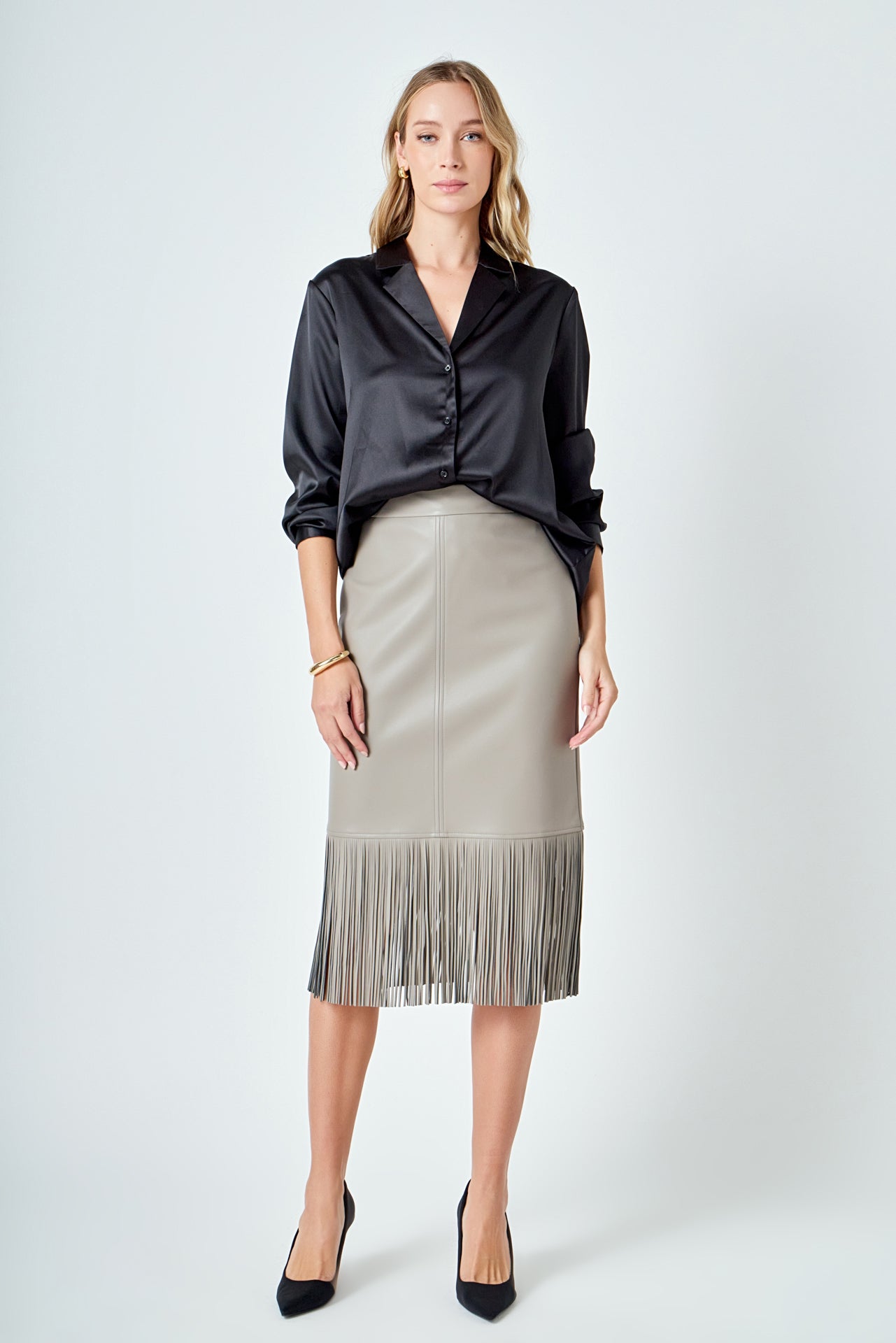 ENDLESS ROSE - Pu Fringe Pencil Midi Skirt - SKIRTS available at Objectrare