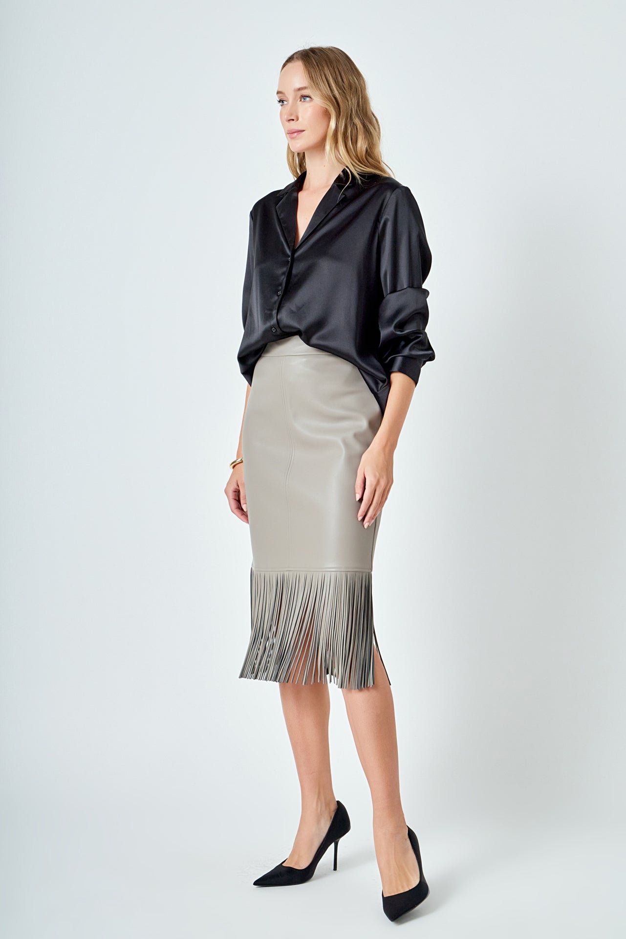 ENDLESS ROSE - Pu Fringe Pencil Midi Skirt - SKIRTS available at Objectrare