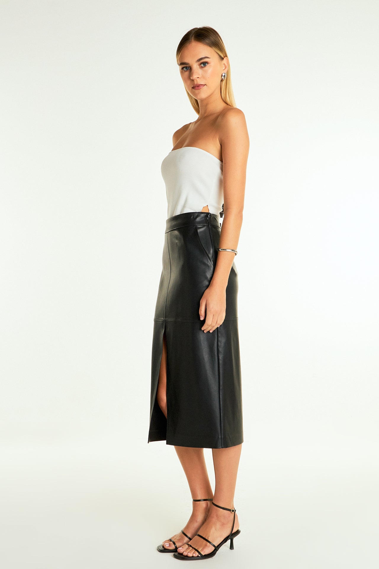ENDLESS ROSE - Pu Front Slit Midi Skirt - SKIRTS available at Objectrare