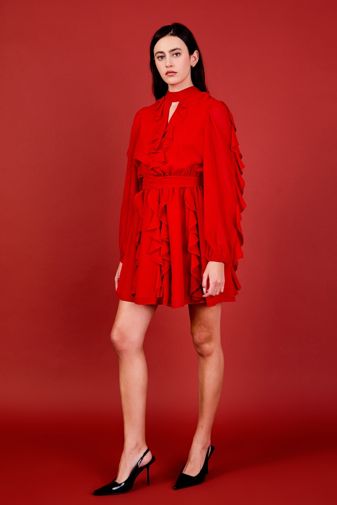ENDLESS ROSE - Chiffon Ruffled V Mini Dress - DRESSES available at Objectrare