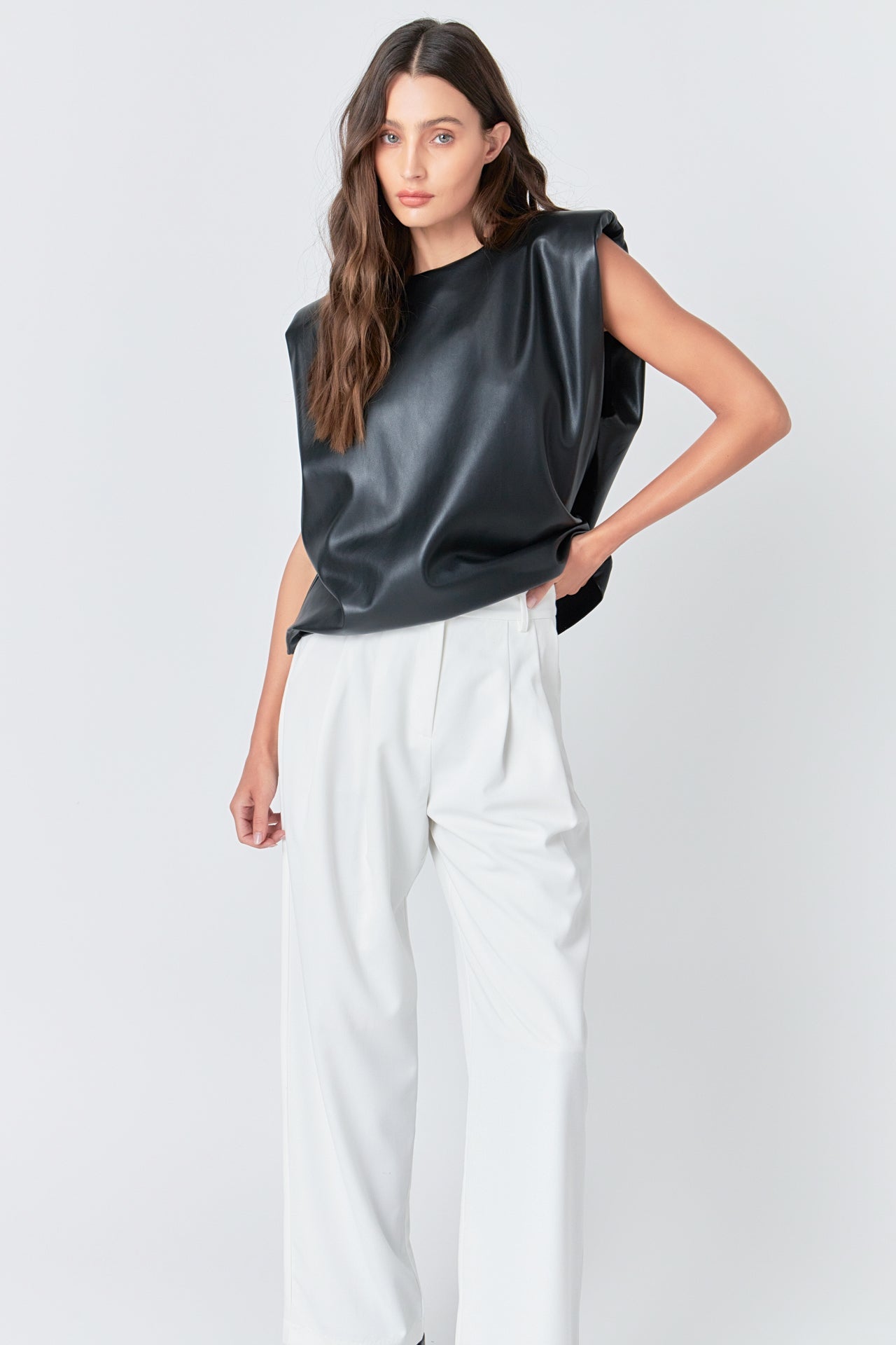 GREY LAB - Shoulder Padded Faux Leather Top - TOPS available at Objectrare