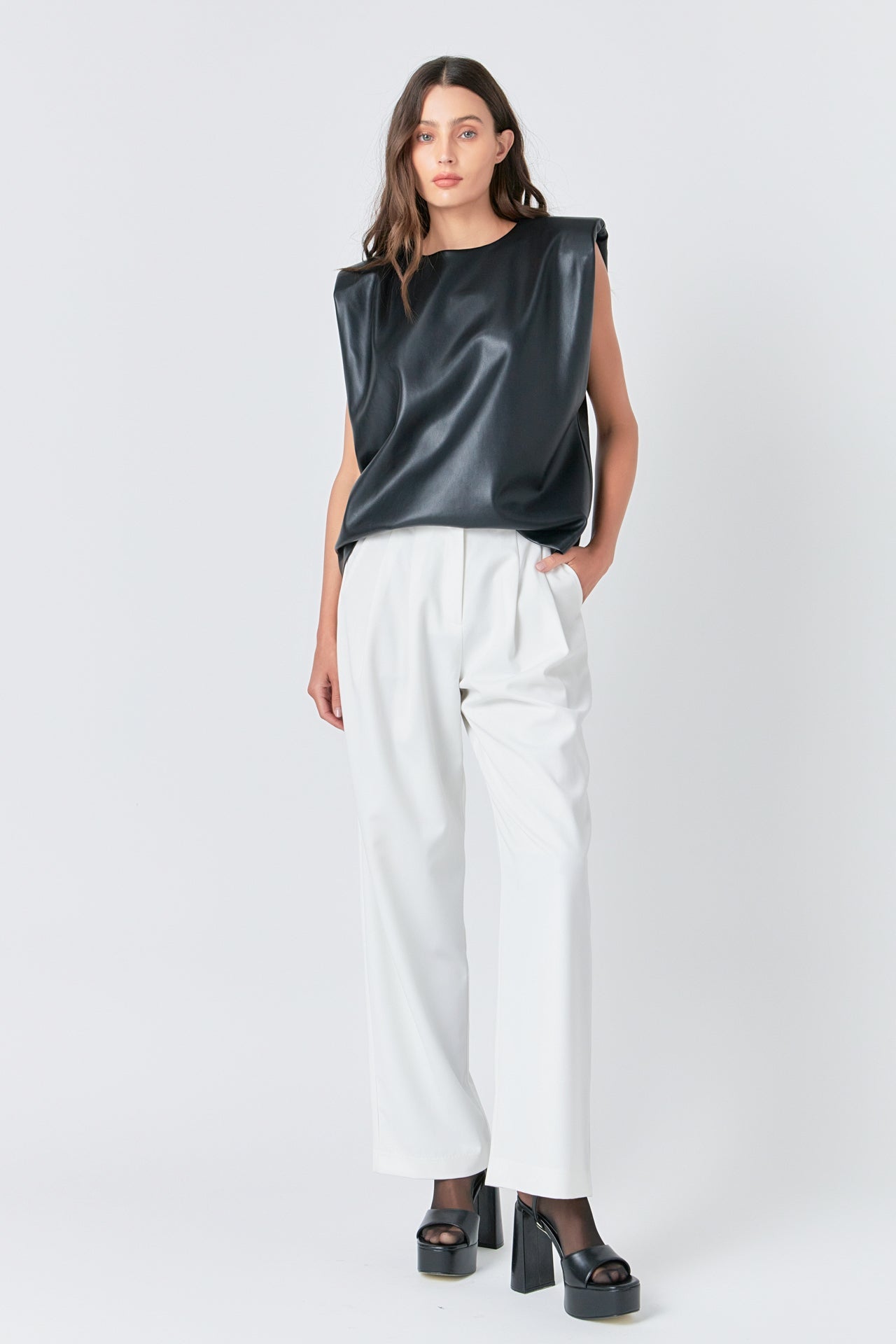 GREY LAB - Shoulder Padded Faux Leather Top - TOPS available at Objectrare