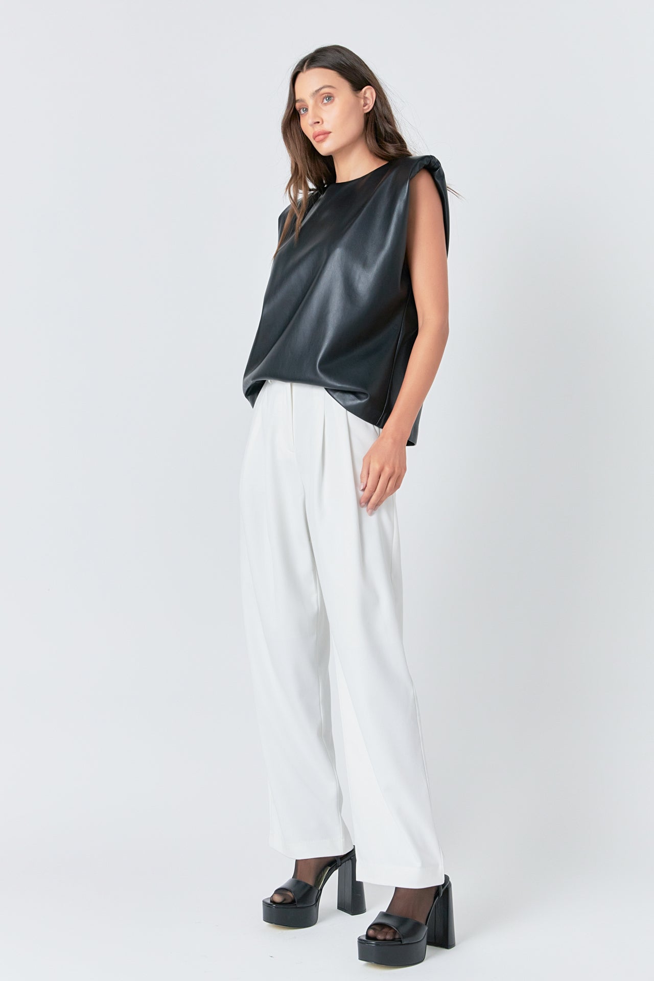 GREY LAB - Shoulder Padded Faux Leather Top - TOPS available at Objectrare