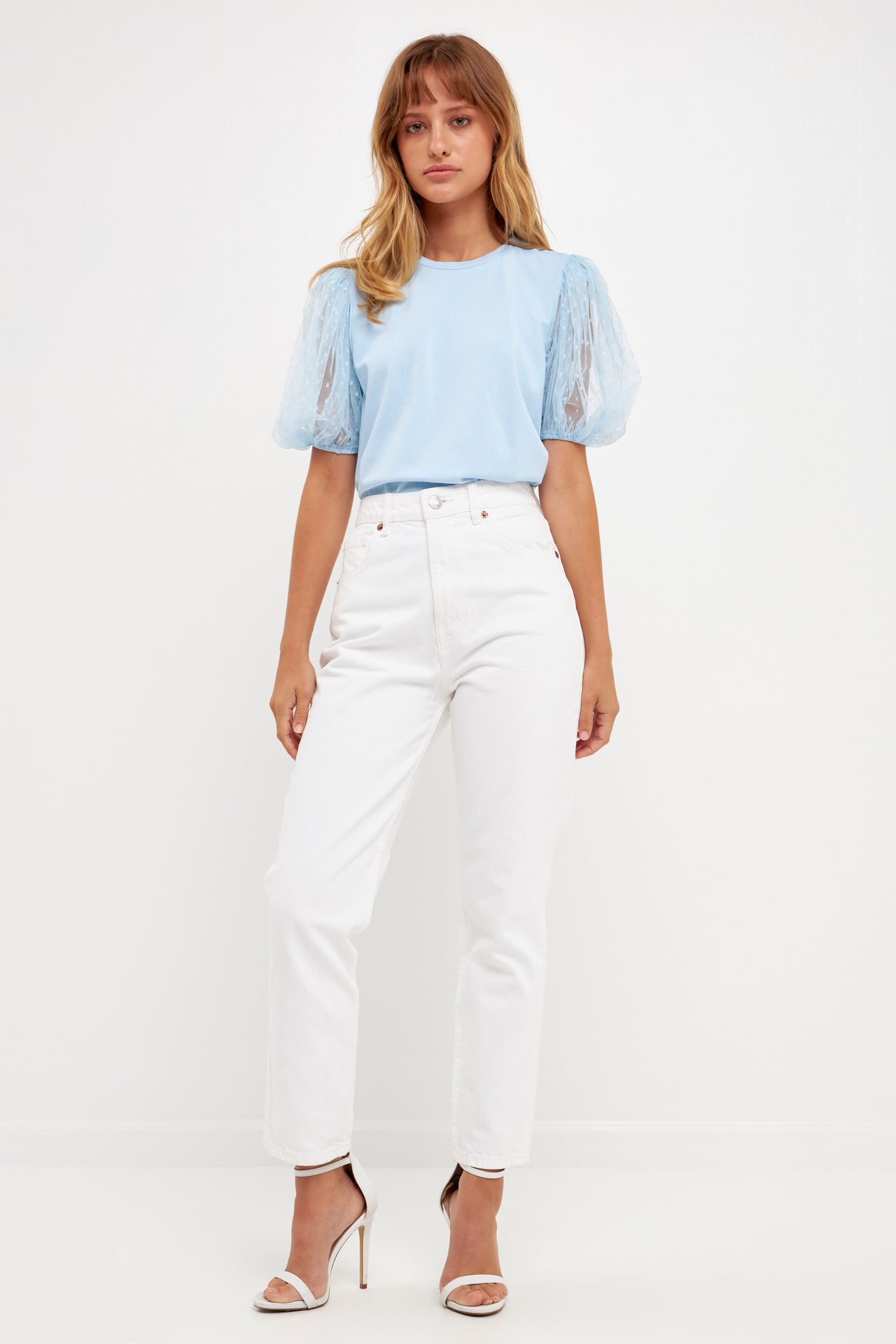Mesh Dot Puff Sleeve Top