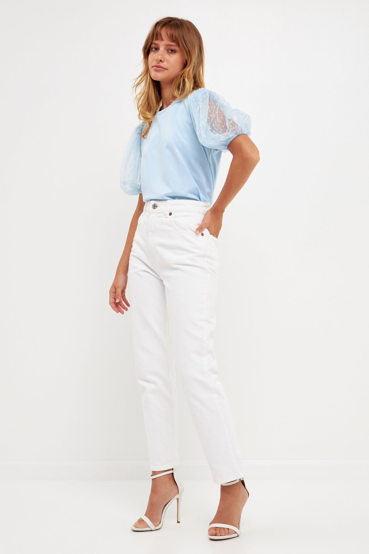 Mesh Dot Puff Sleeve Top
