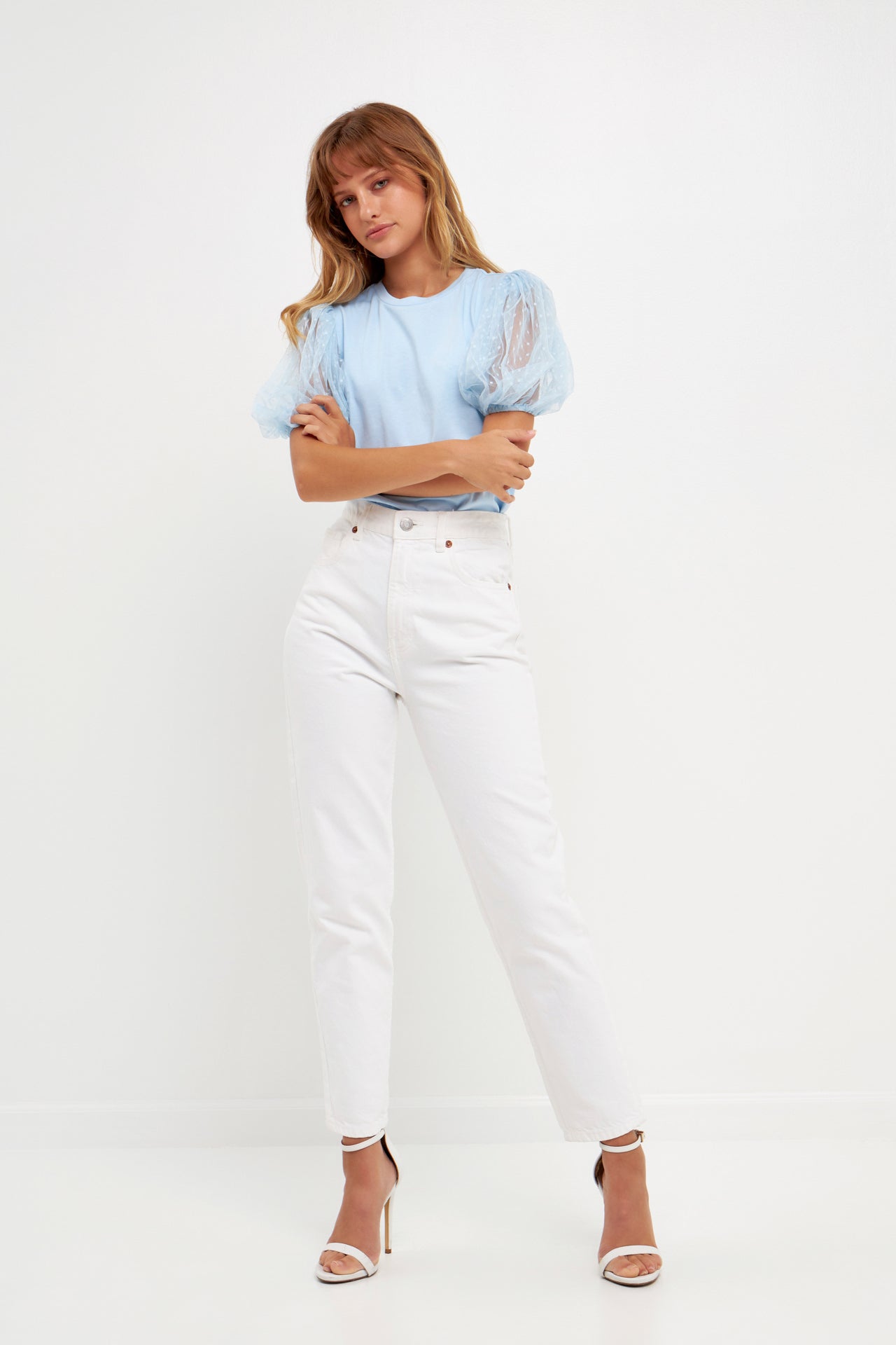 Mesh Dot Puff Sleeve Top