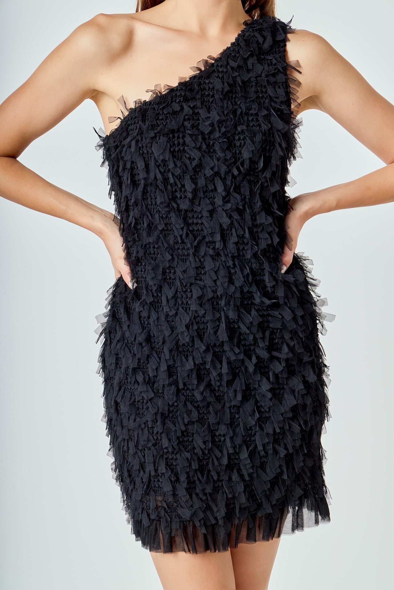 ENDLESS ROSE - Mesh Trimmed One Shoulder Mini Dress - DRESSES available at Objectrare