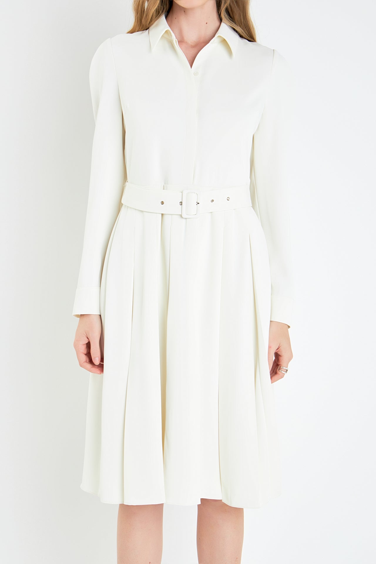 ENGLISH FACTORY - Pleated Collared Long Sleeve Midi Dress - DRESSES available at Objectrare