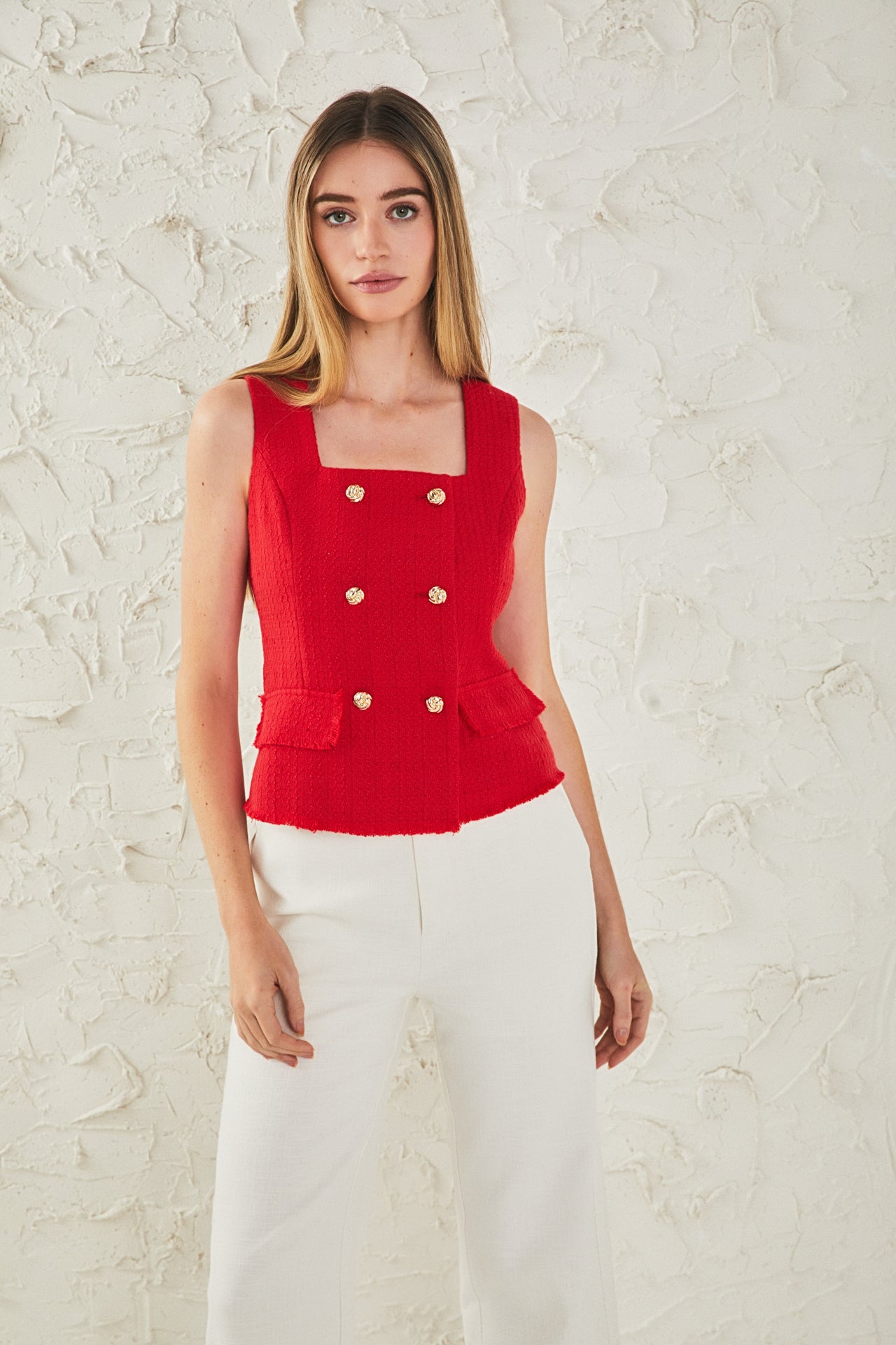 ENDLESS ROSE - Tweed Fringed Double Button Top - TOPS available at Objectrare