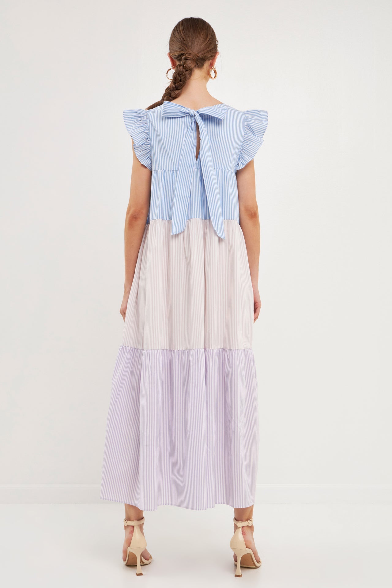 ENGLISH FACTORY - Pinstriped Blocked Ruffled Maxi Dress - DRESSES available at Objectrare