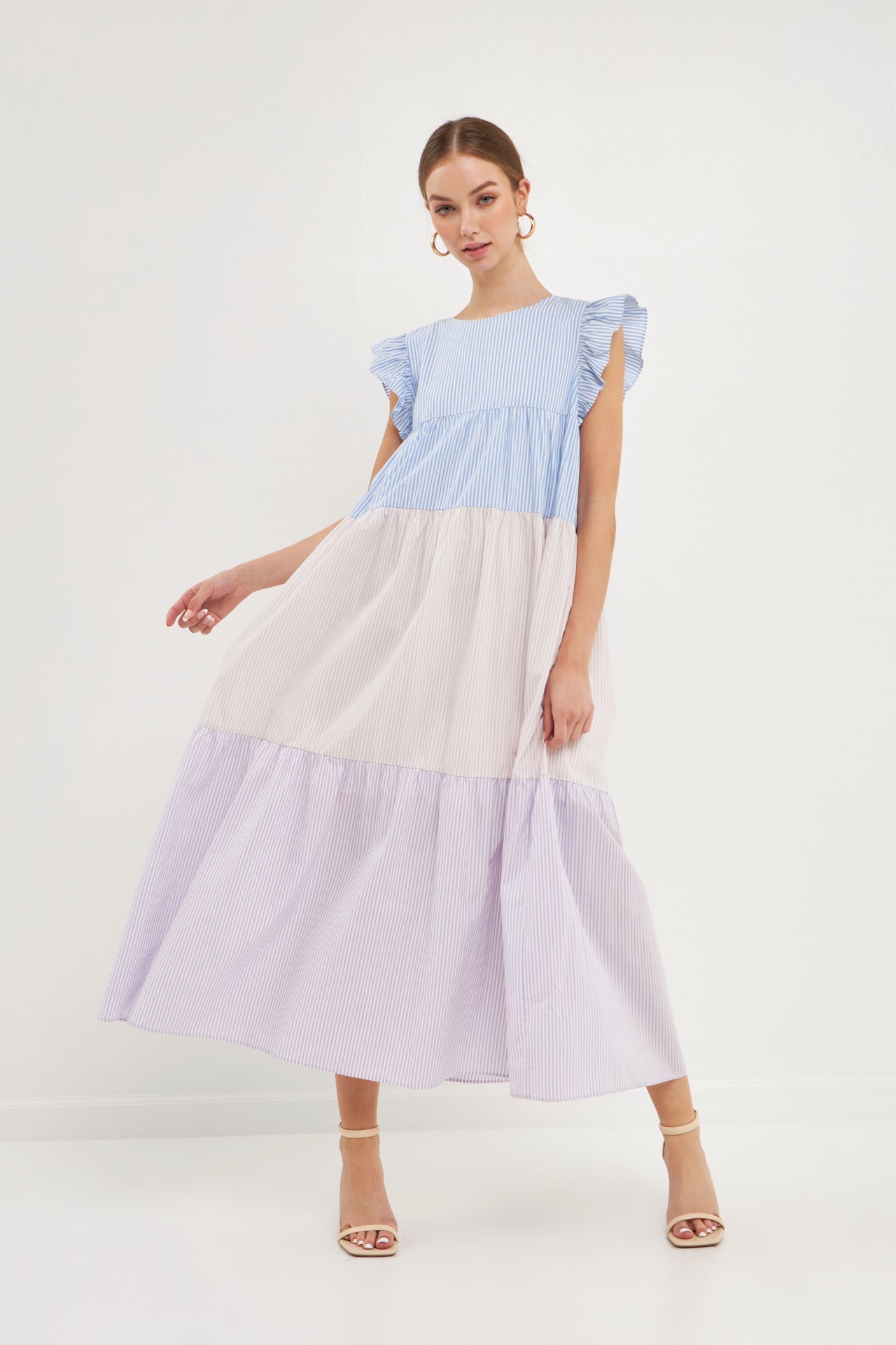 ENGLISH FACTORY - Pinstriped Blocked Ruffled Maxi Dress - DRESSES available at Objectrare