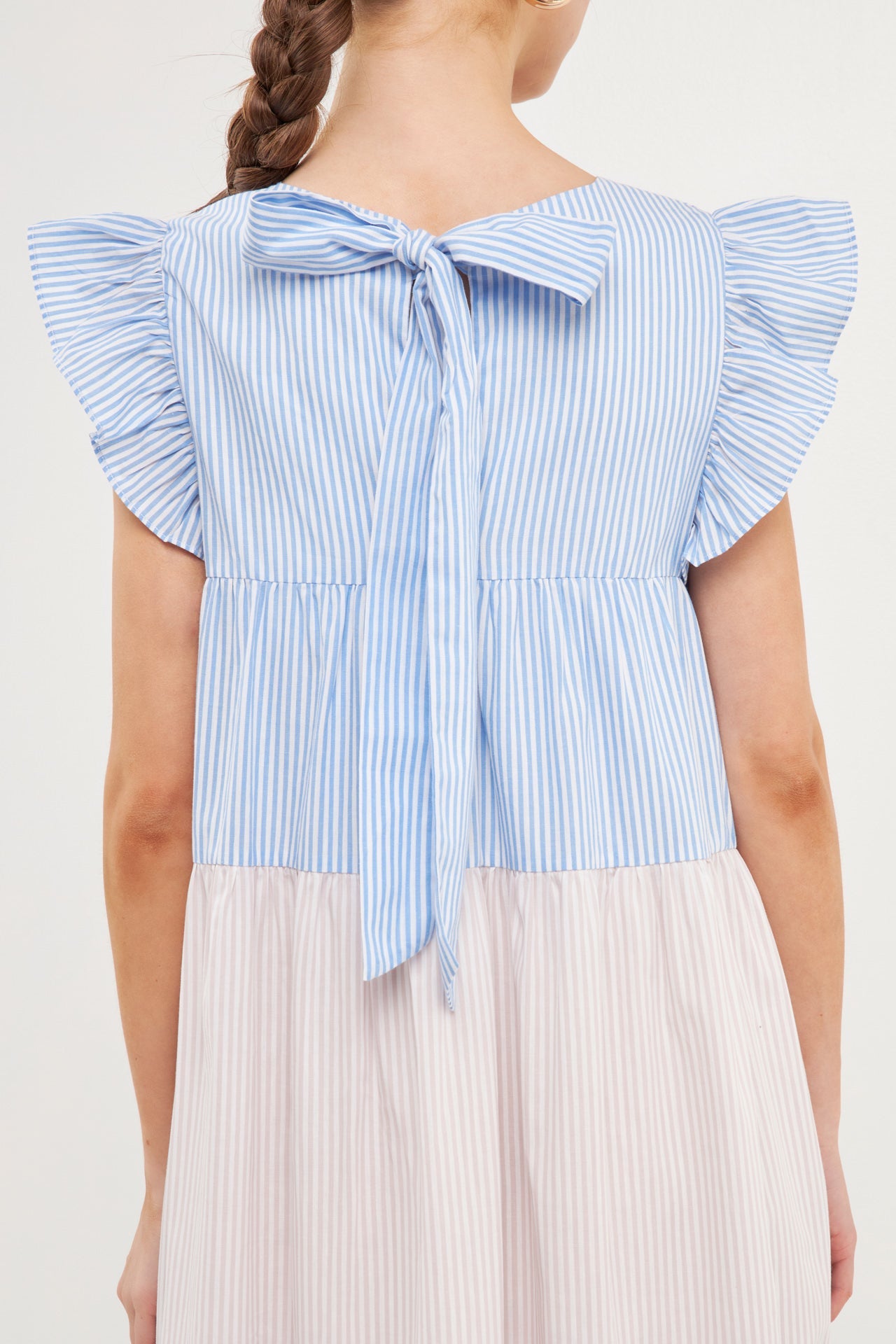 ENGLISH FACTORY - Pinstriped Blocked Ruffled Maxi Dress - DRESSES available at Objectrare