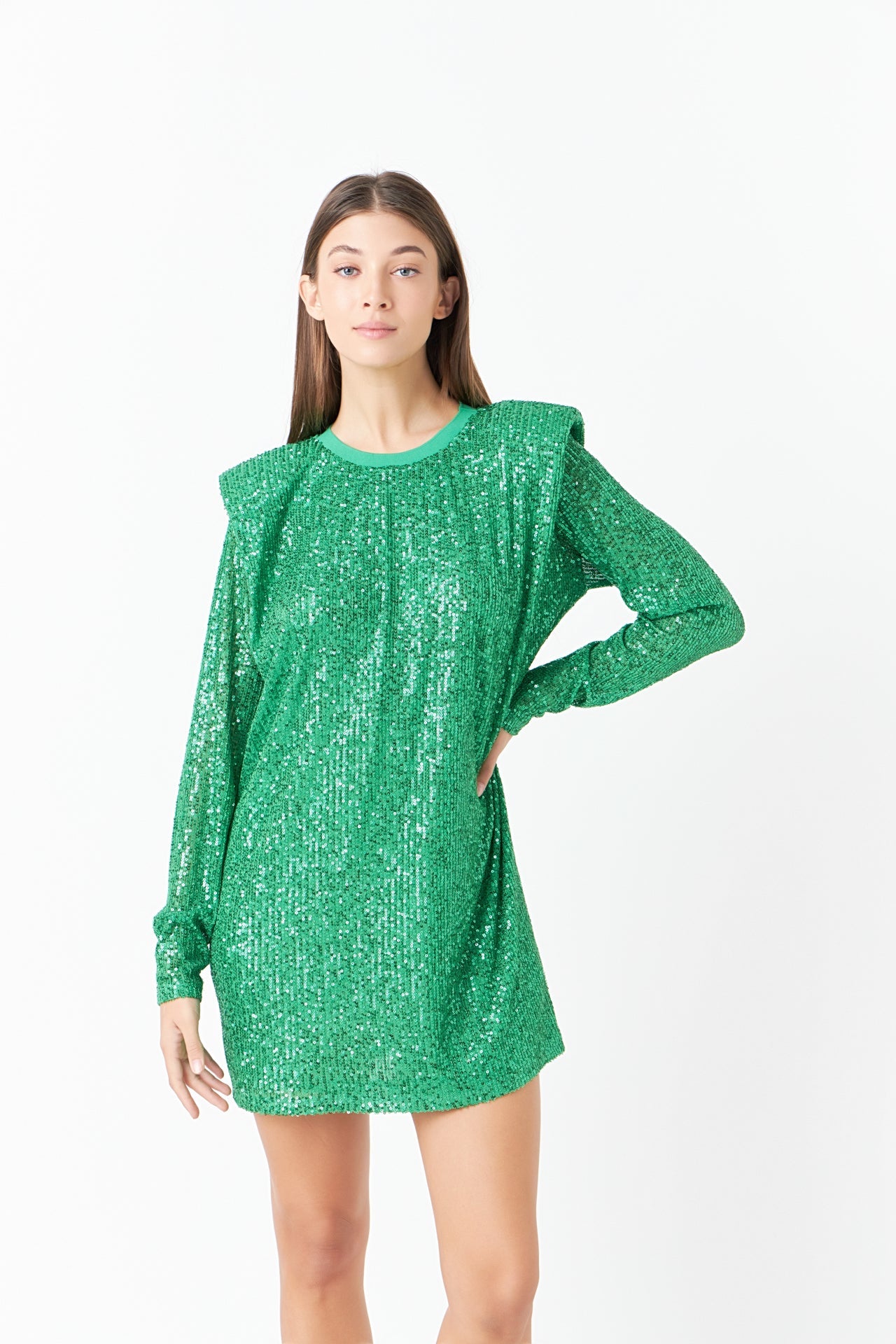 ENDLESS ROSE - Sequins Long Sleeve Shift Mini Dress - DRESSES available at Objectrare