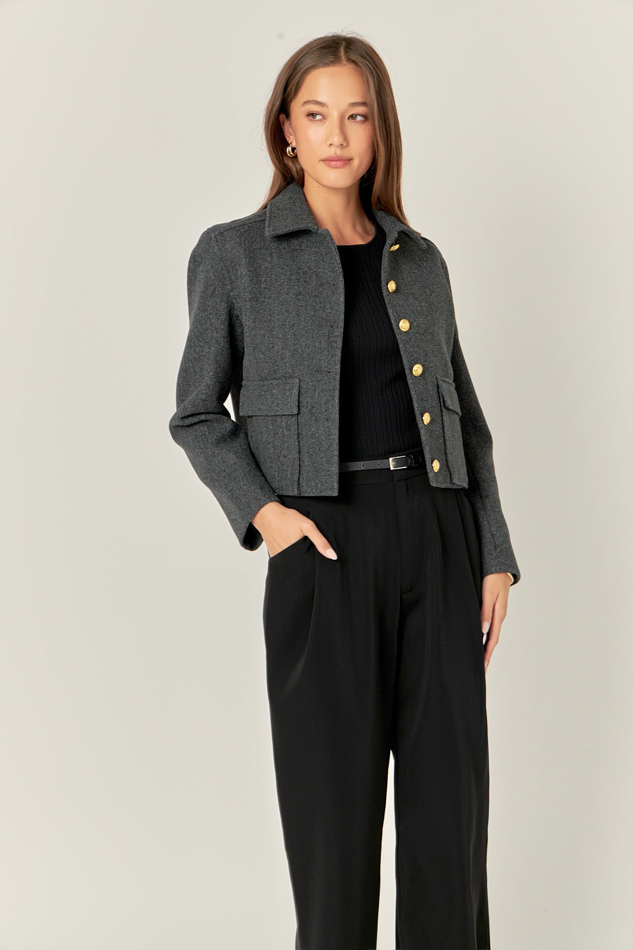 ENGLISH FACTORY - Gold Button Cropped Jacket - JACKETS available at Objectrare