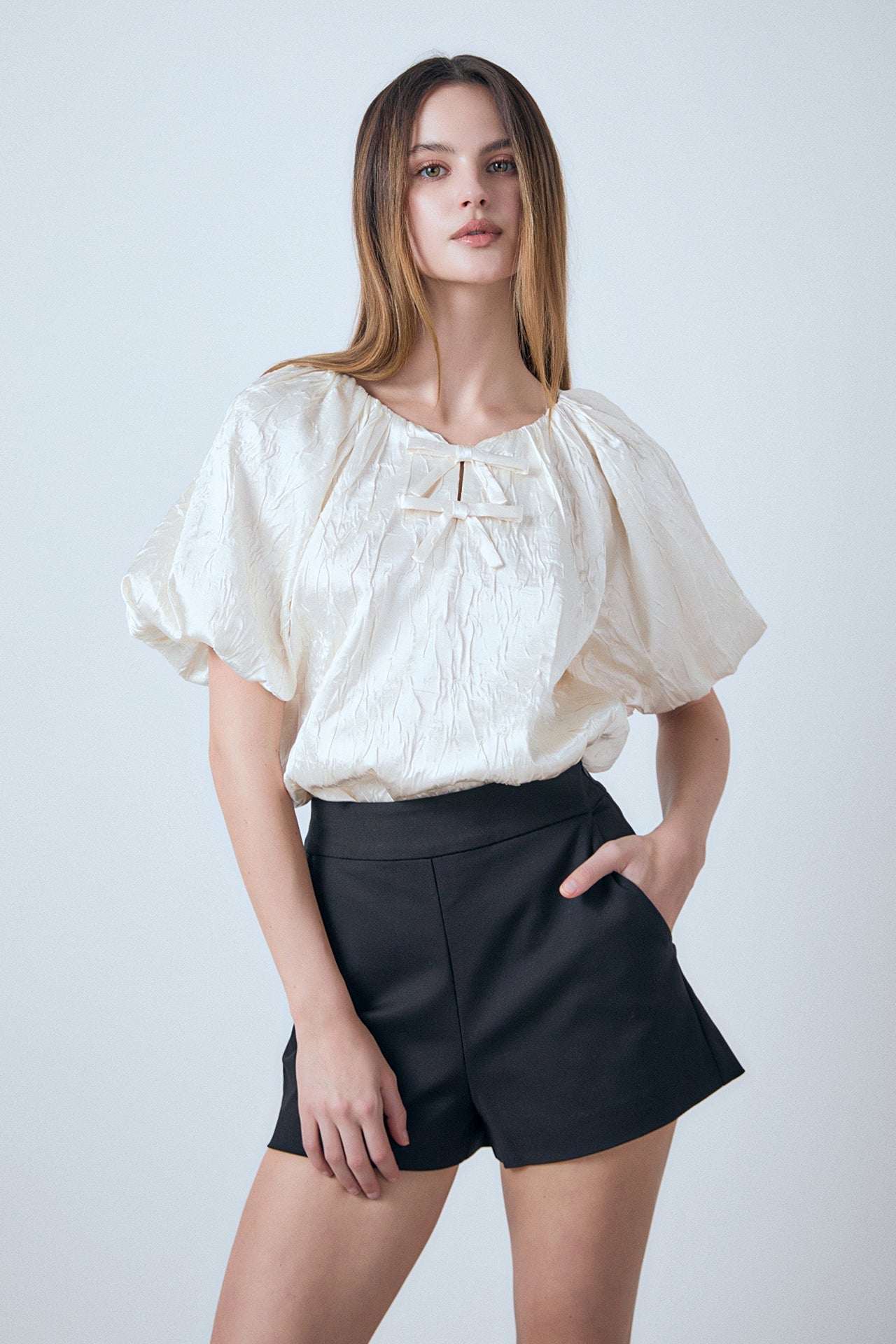 ENDLESS ROSE - Sheen Crinkle Bow Detail Top - TOPS available at Objectrare
