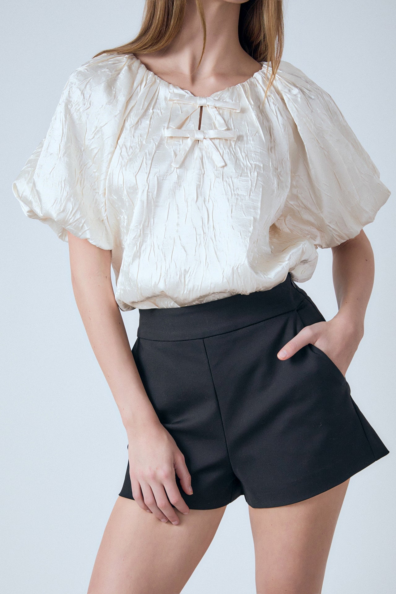 ENDLESS ROSE - Sheen Crinkle Bow Detail Top - TOPS available at Objectrare