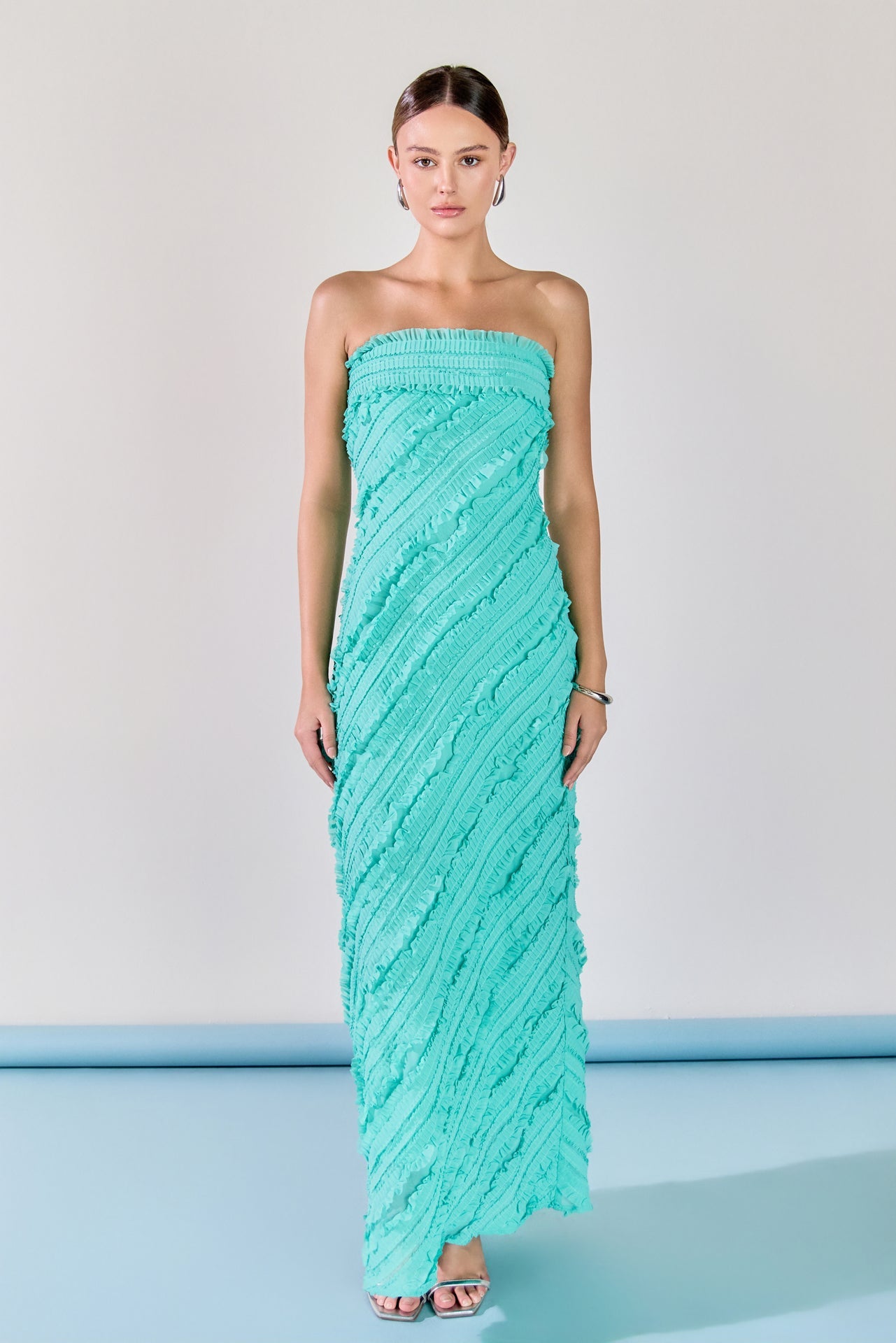 ruffle strapless maxi dress Endless Rose Women's Ruffled Goth Formal Dress Gothic Introducing the Strapless Ruffled colour: sage Color:Mid Denim