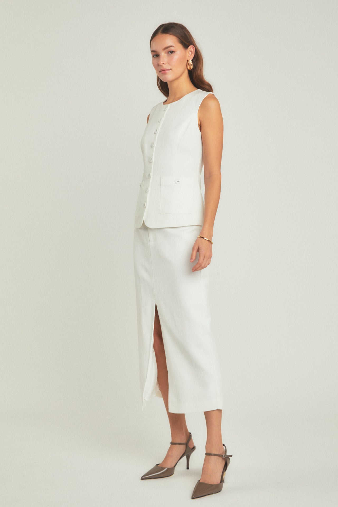 ENDLESS ROSE - Front Slit Linen Midi Skirt - SKIRTS available at Objectrare