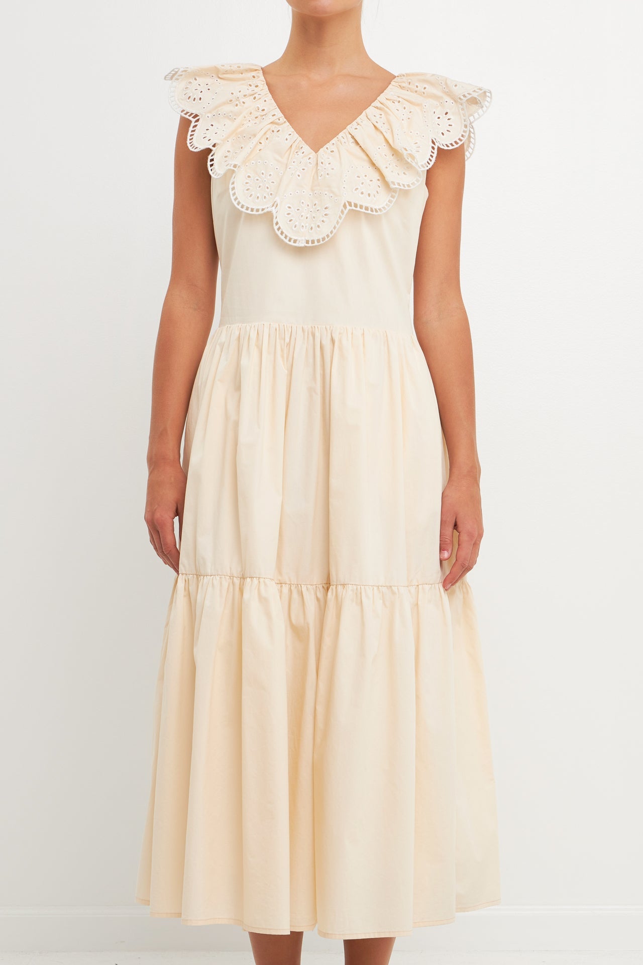 ENGLISH FACTORY - Ruffled Lace Contrast Midi Dress - DRESSES available at Objectrare
