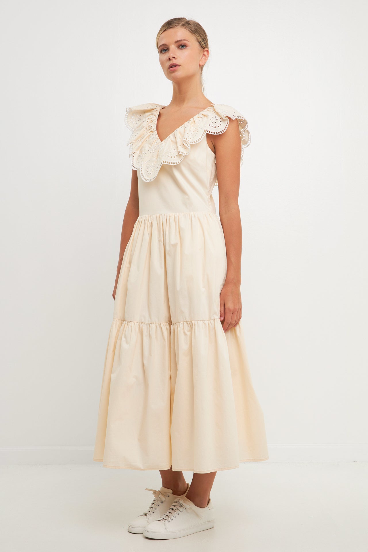ENGLISH FACTORY - Ruffled Lace Contrast Midi Dress - DRESSES available at Objectrare