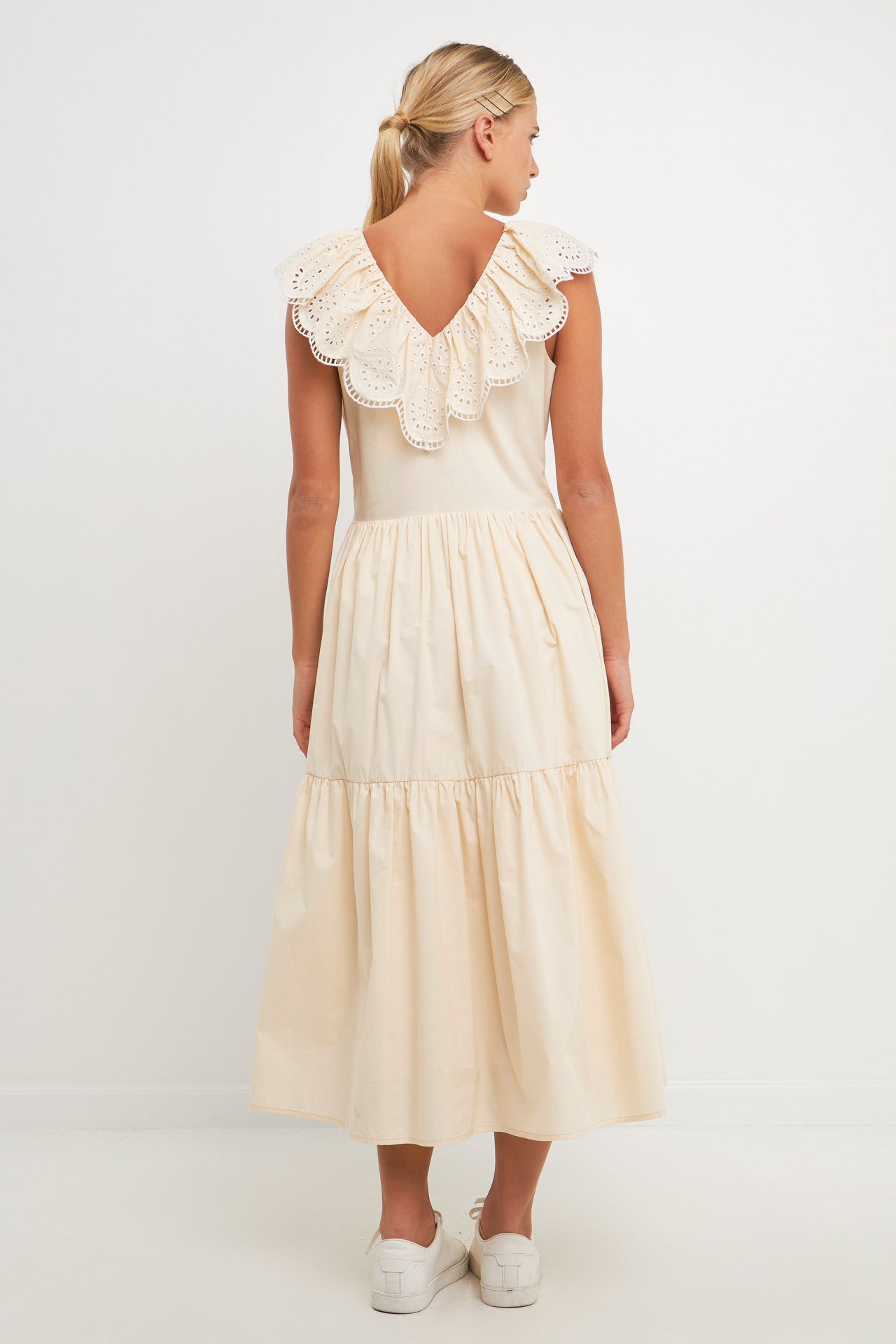 ENGLISH FACTORY - Ruffled Lace Contrast Midi Dress - DRESSES available at Objectrare