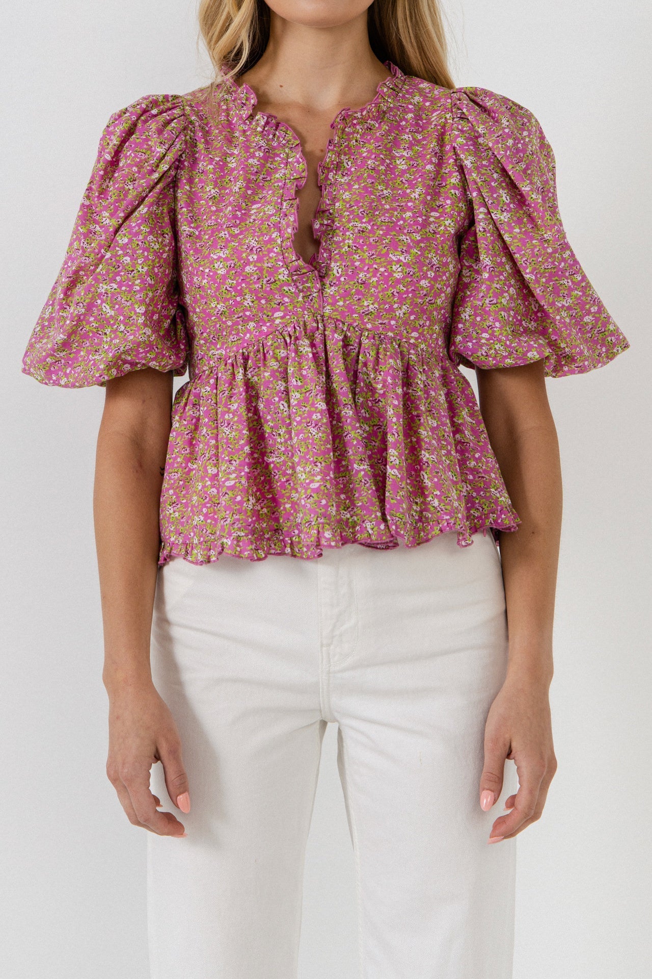 FREE THE ROSES - Puff Sleeve Ruffled V Blouse - TOPS available at Objectrare