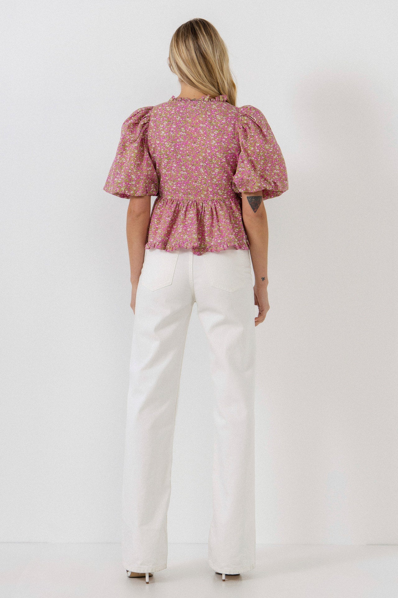 FREE THE ROSES - Puff Sleeve Ruffled V Blouse - TOPS available at Objectrare