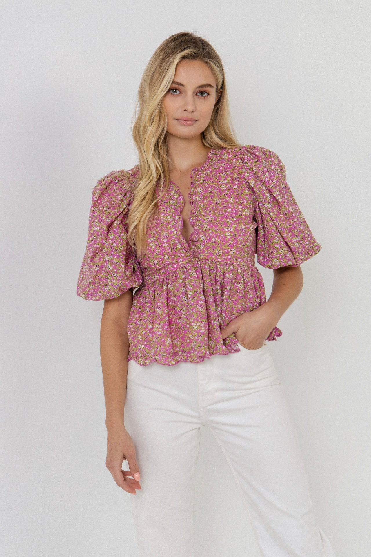 FREE THE ROSES - Puff Sleeve Ruffled V Blouse - TOPS available at Objectrare