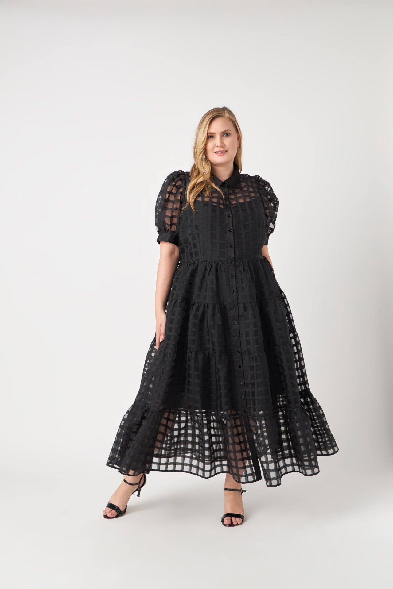 ENGLISH FACTORY - Plus Size Gridded Organza Tiered Maxi Dress - DRESSES available at Objectrare