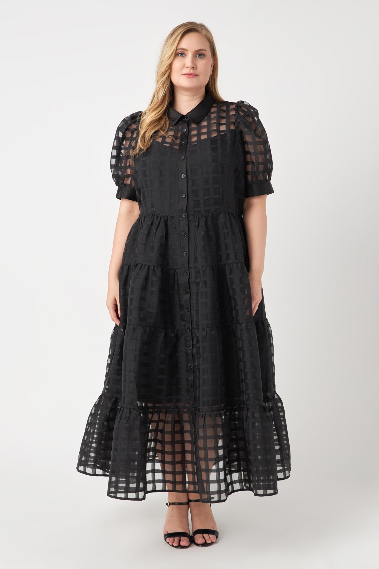 ENGLISH FACTORY - Plus Size Gridded Organza Tiered Maxi Dress - DRESSES available at Objectrare