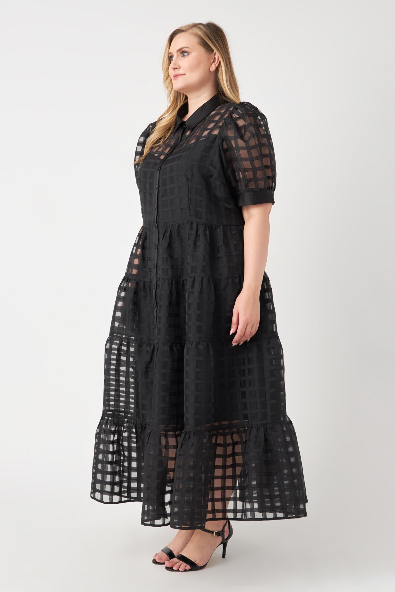 ENGLISH FACTORY - Plus Size Gridded Organza Tiered Maxi Dress - DRESSES available at Objectrare