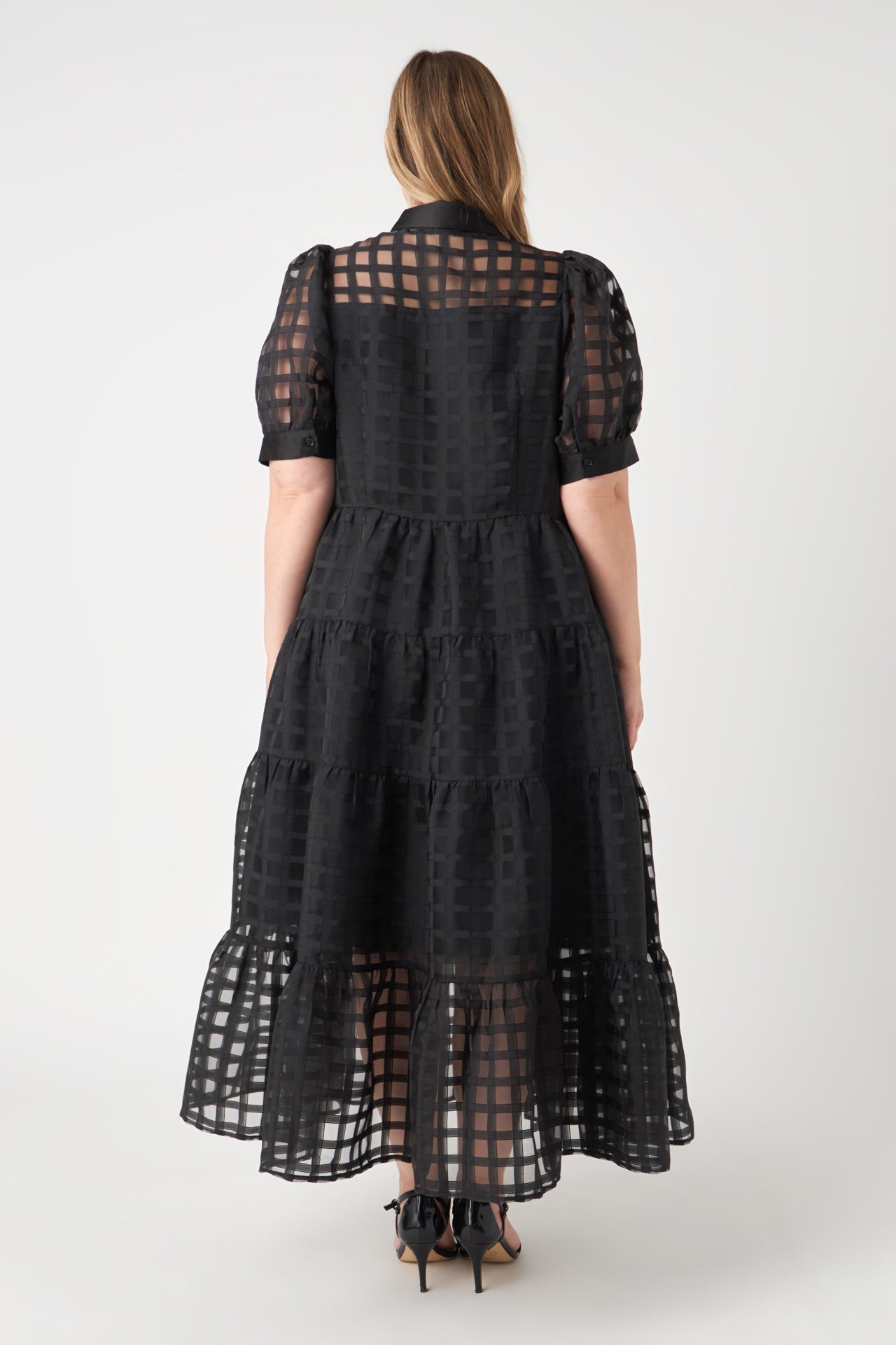 ENGLISH FACTORY - Plus Size Gridded Organza Tiered Maxi Dress - DRESSES available at Objectrare