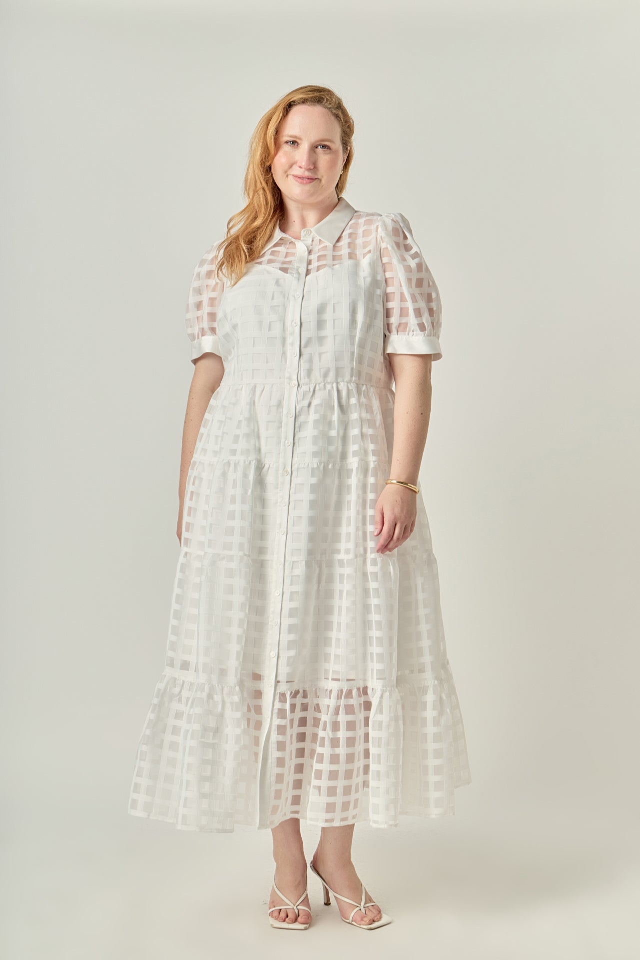 ENGLISH FACTORY - Plus Size Gridded Organza Tiered Maxi Dress - DRESSES available at Objectrare