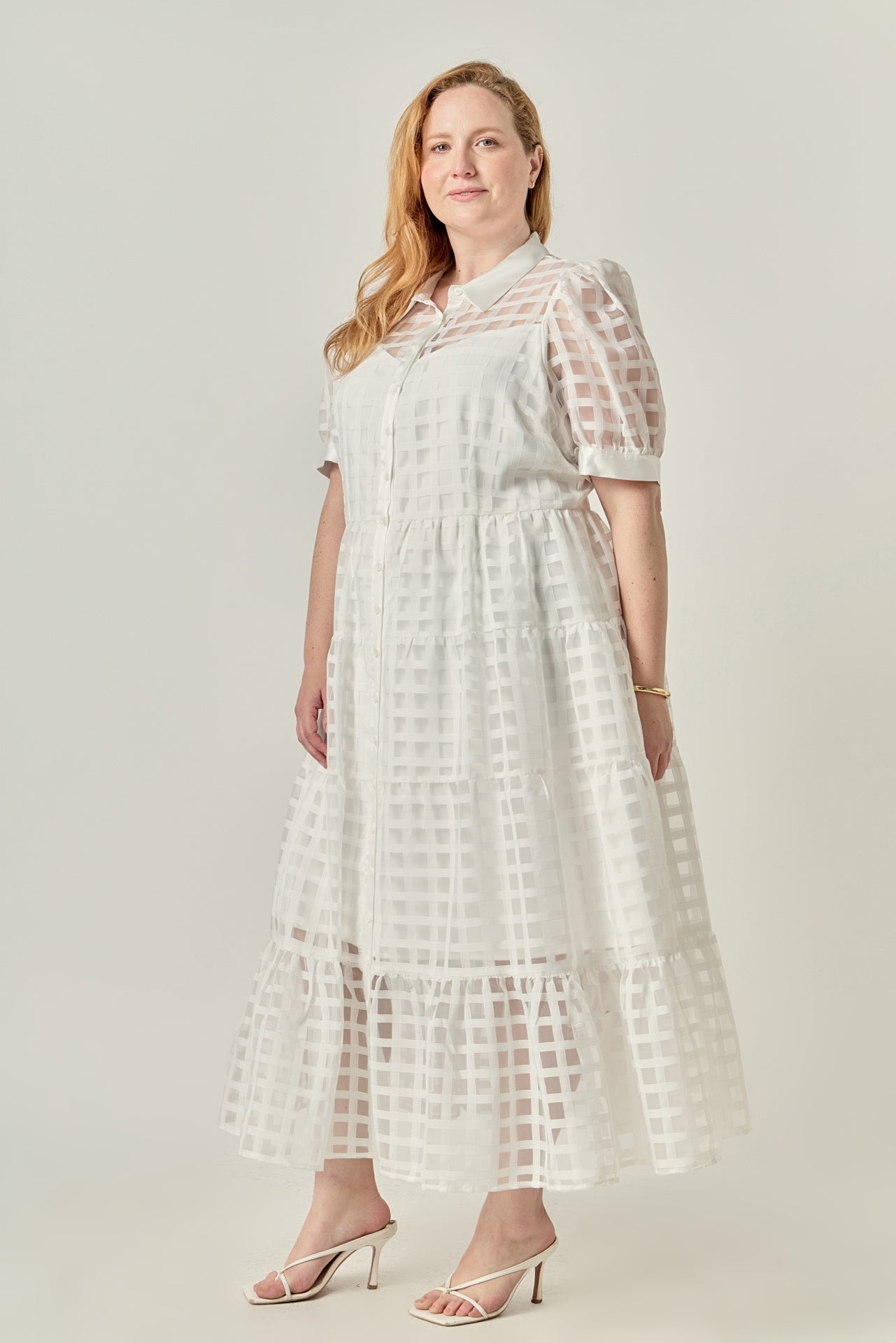 ENGLISH FACTORY - Plus Size Gridded Organza Tiered Maxi Dress - DRESSES available at Objectrare