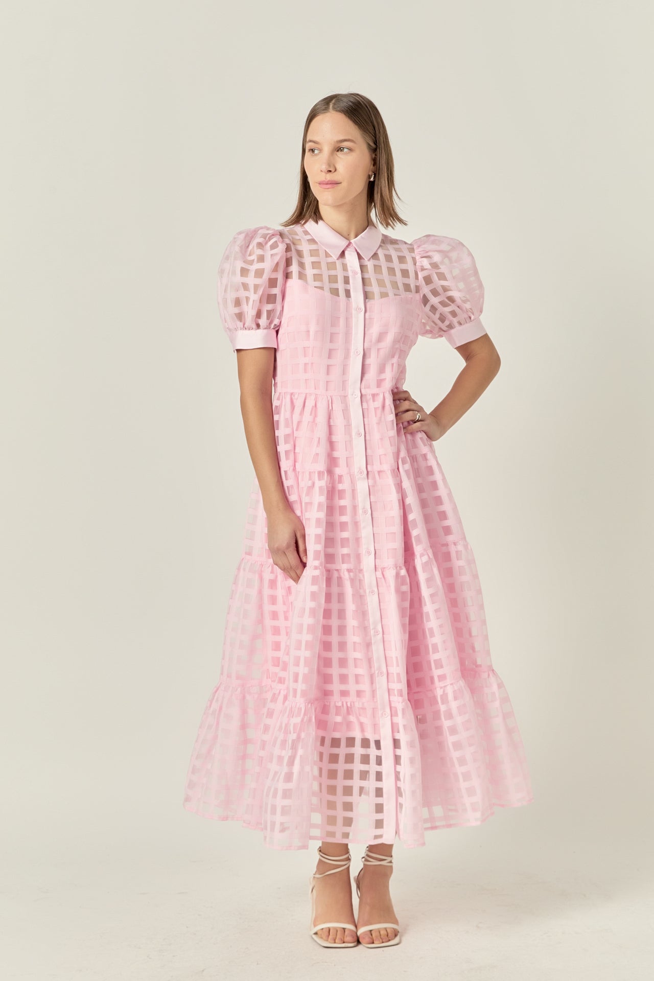Gridded Organza Tiered Maxi Dress