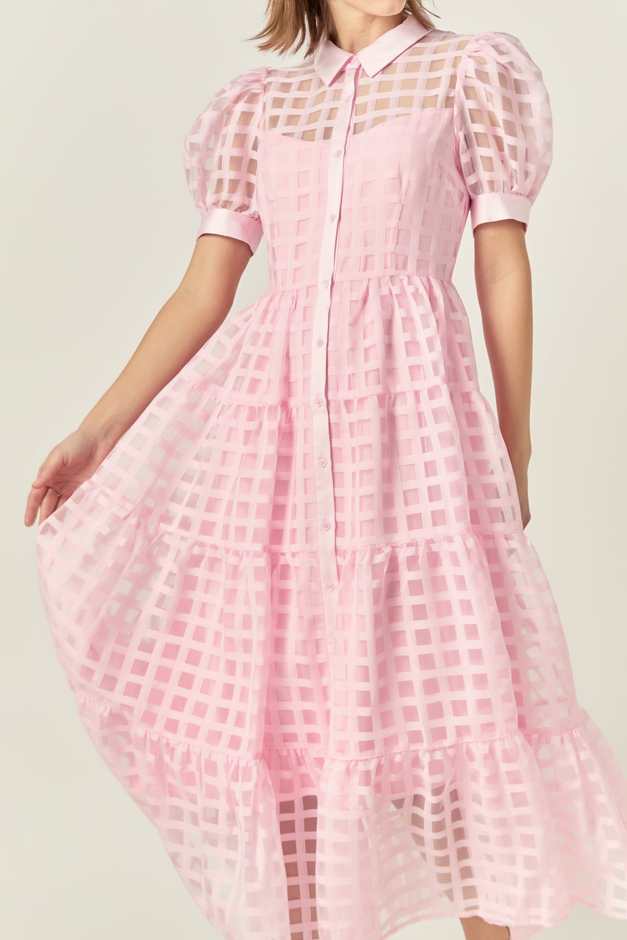 Gridded Organza Tiered Maxi Dress