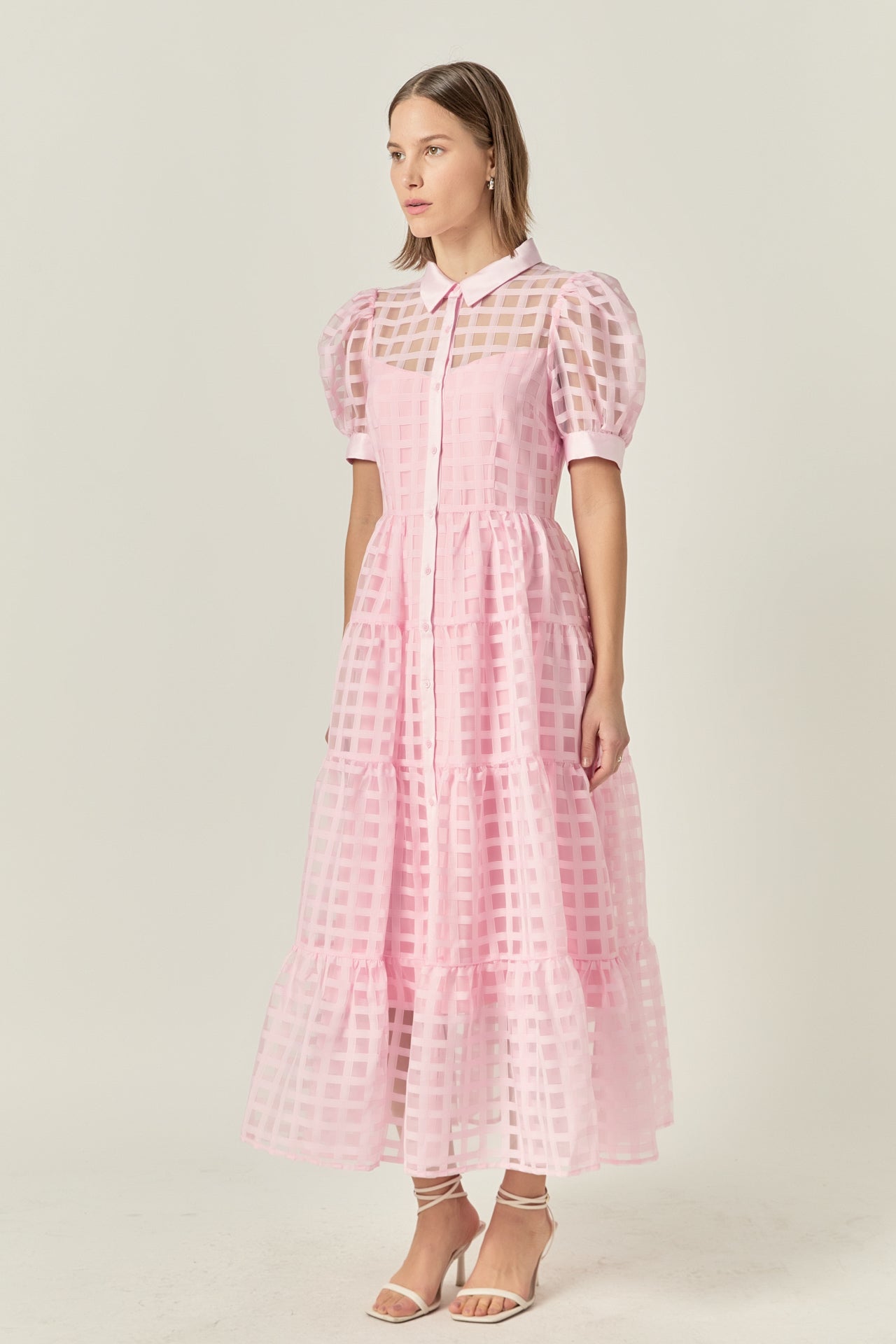 Gridded Organza Tiered Maxi Dress