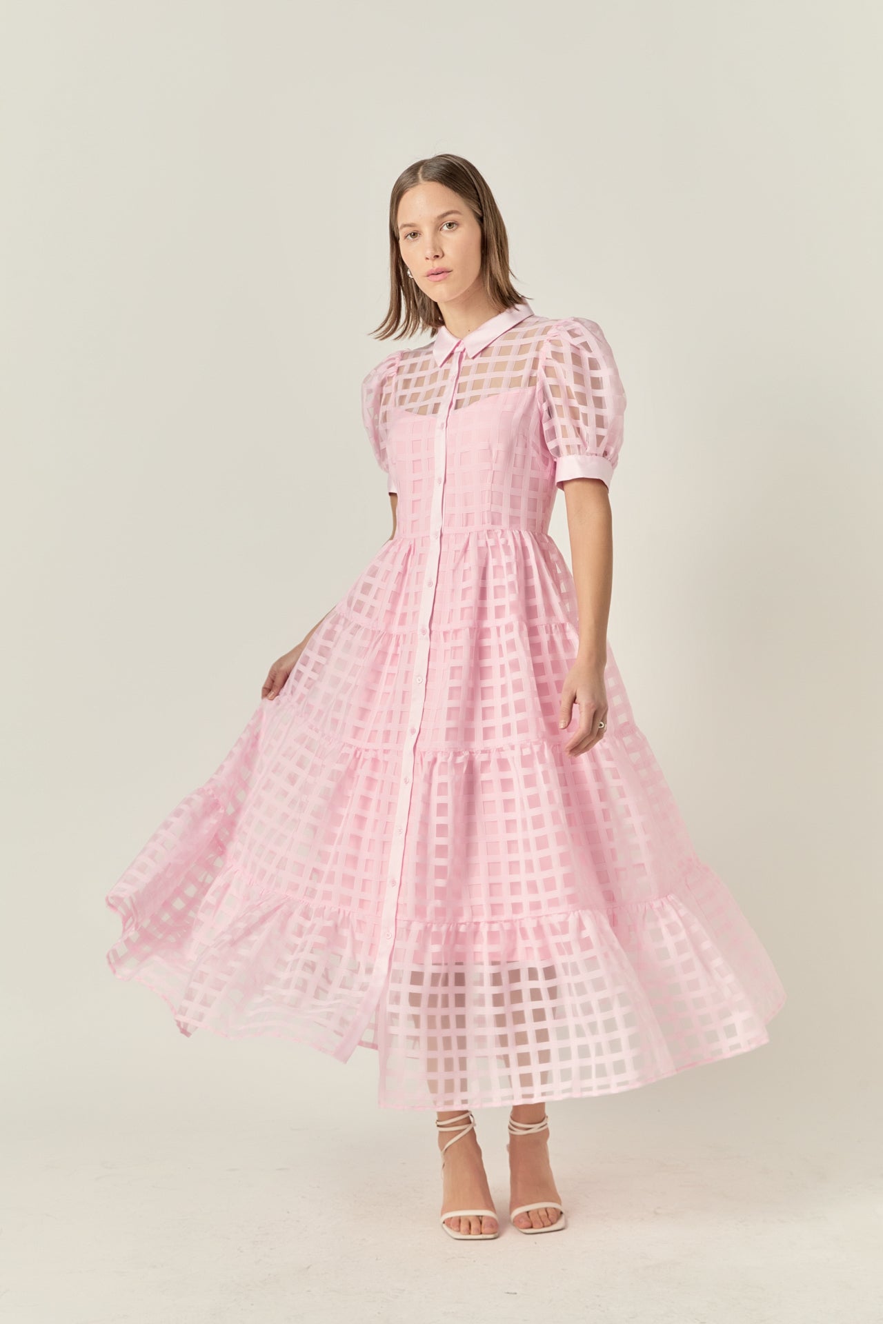 Gridded Organza Tiered Maxi Dress